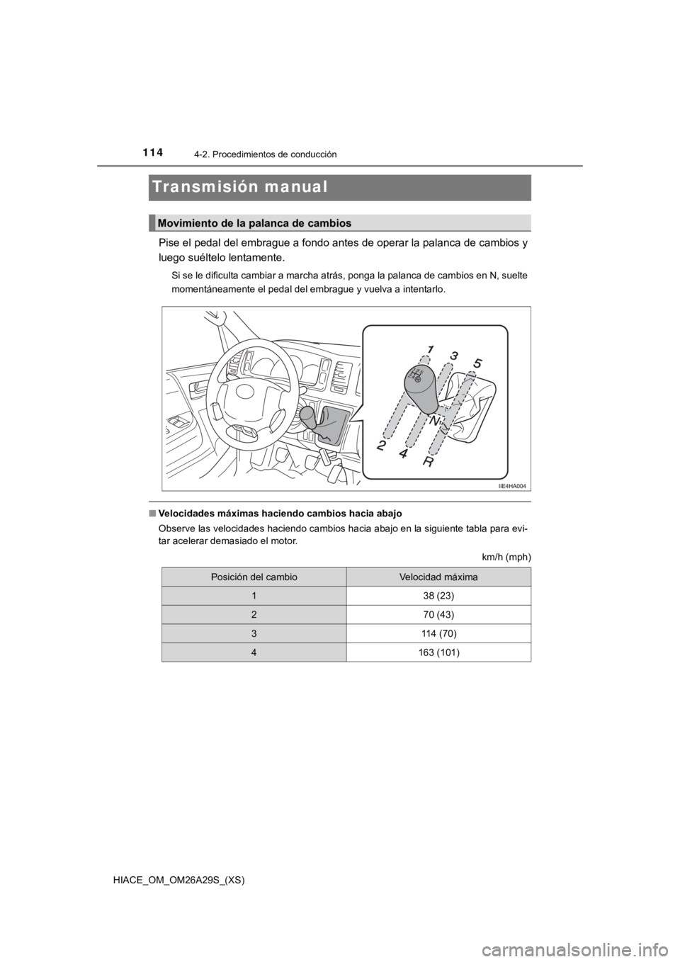 TOYOTA HILACE 2019  Manual del propietario (in Spanish) 114
HIACE_OM_OM26A29S_(XS)
4-2. Procedimientos de conducción
Transmisión manual
Pise el pedal del embrague a fondo antes de operar la palanca de cambios y
luego suéltelo lentamente.
Si se le dificu