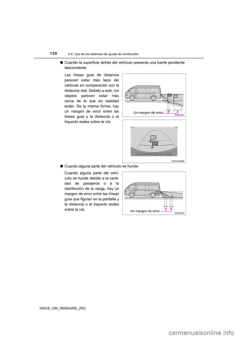 TOYOTA HILACE 2019  Manual del propietario (in Spanish) 130
HIACE_OM_OM26A29S_(XS)
4-5. Uso de los sistemas de ayuda de conducción
●Cuando la superficie detrás del vehículo presenta una fuerte pendiente
descendente
● Cuando alguna parte del vehícul