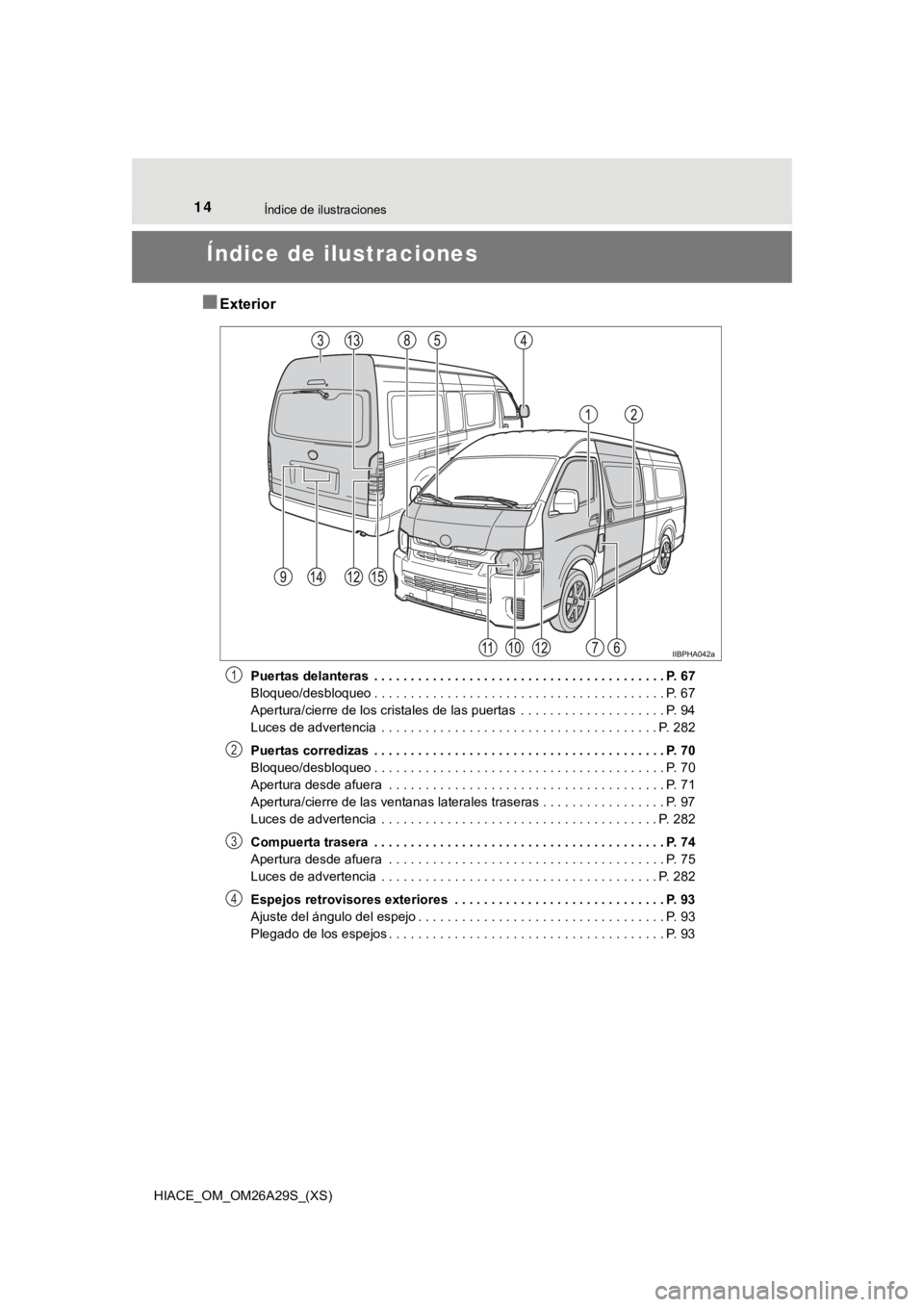 TOYOTA HILACE 2019  Manual del propietario (in Spanish) 14Índice de ilustraciones
HIACE_OM_OM26A29S_(XS)
Índice de ilustraciones
■Exterior
Puertas delanteras  . . . . . . . . . . . . . . . . . . . . . . . . . . . . . . . . . . . . . . . . P. 67
Bloqueo