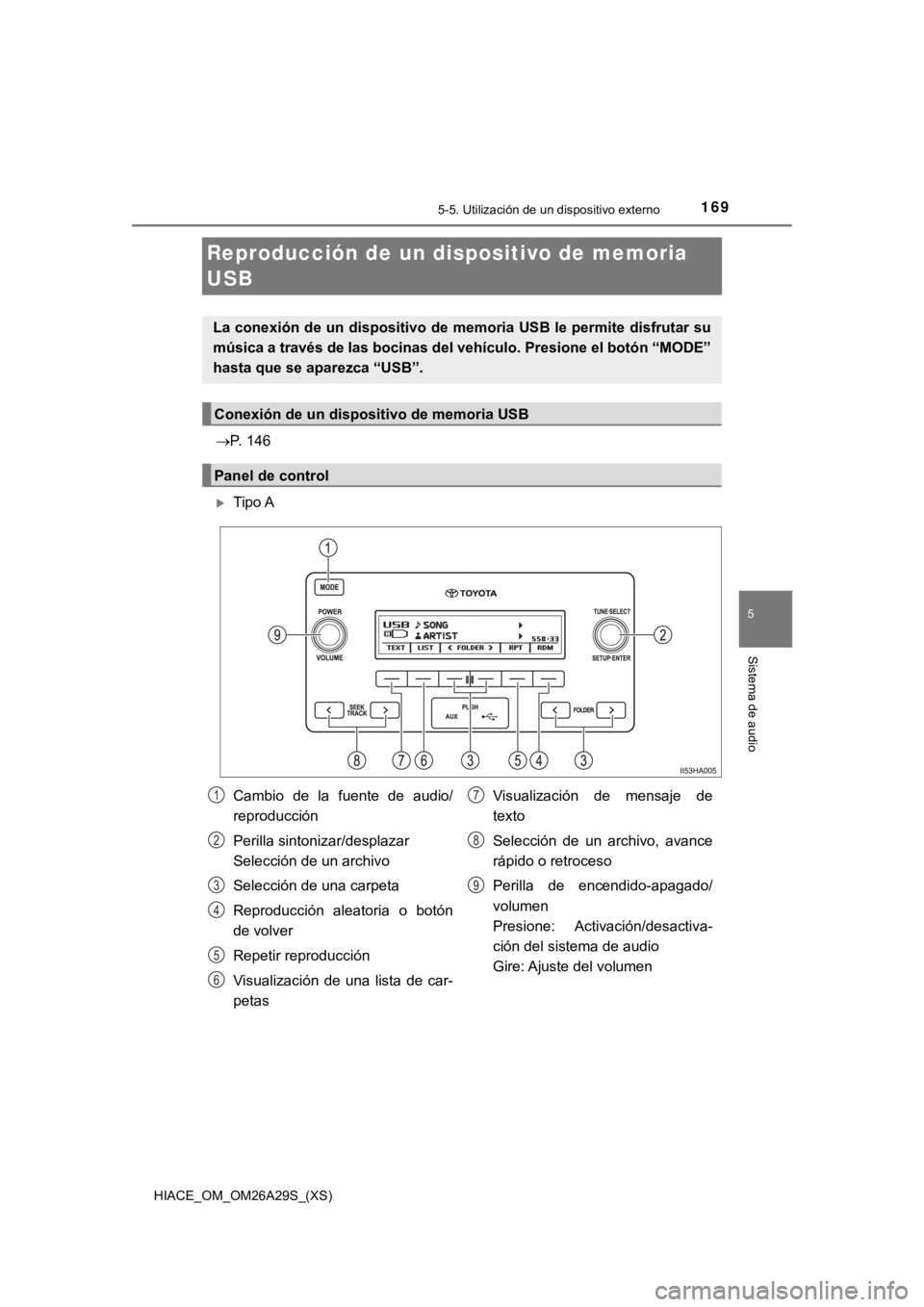 TOYOTA HILACE 2019  Manual del propietario (in Spanish) 169
HIACE_OM_OM26A29S_(XS)
5-5. Utilización de un dispositivo externo
5
Sistema de audio
Reproducción de un dispositivo de memoria 
USB
P. 146
Tipo A
La conexión de un dispositivo de memoria 