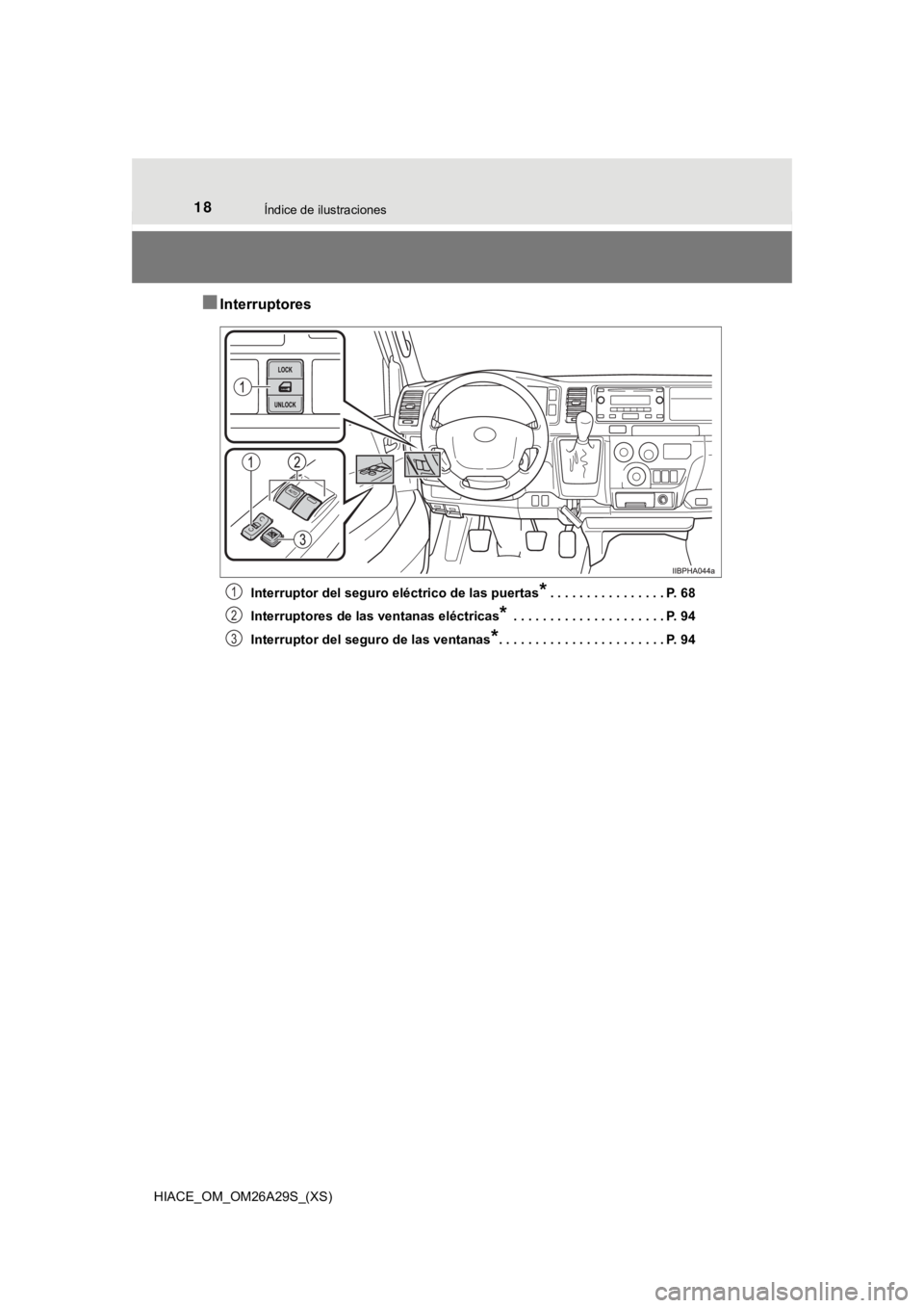 TOYOTA HILACE 2019  Manual del propietario (in Spanish) 18Índice de ilustraciones
HIACE_OM_OM26A29S_(XS)
■Interruptores
Interruptor del seguro eléctrico de las puertas*. . . . . . . . . . . . . . . . P. 68
Interruptores de las ventanas eléctricas
* . 