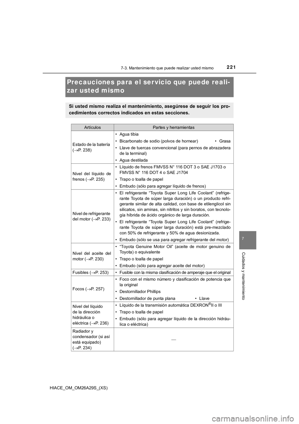 TOYOTA HILACE 2019  Manual del propietario (in Spanish) 221
HIACE_OM_OM26A29S_(XS)
7
Cuidados y mantenimiento
7-3. Mantenimiento que puede realizar usted mismo
Precauciones para el ser vicio que puede reali-
zar usted mismo
Si usted mismo realiza el manten