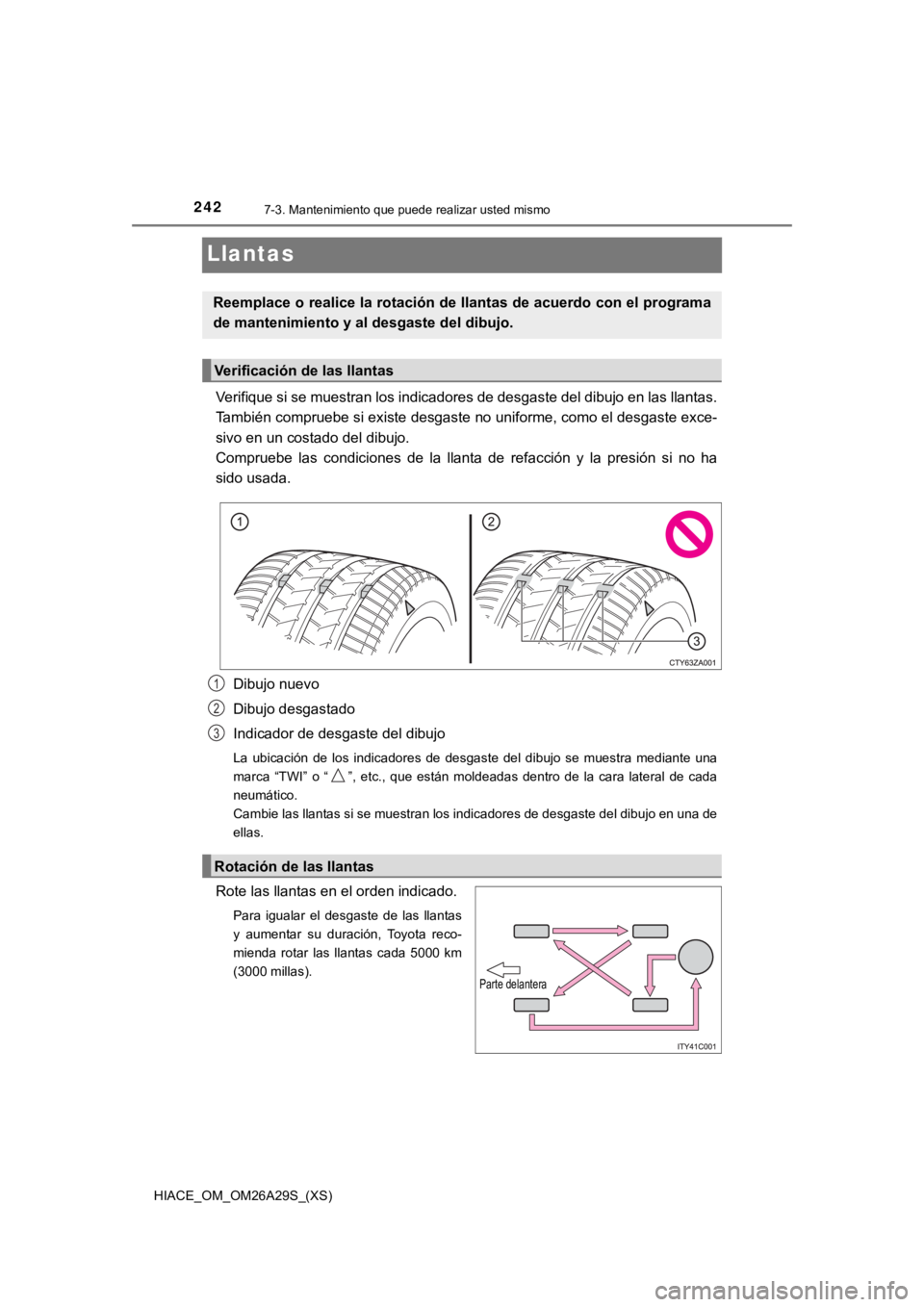 TOYOTA HILACE 2019  Manual del propietario (in Spanish) 242
HIACE_OM_OM26A29S_(XS)
7-3. Mantenimiento que puede realizar usted mismo
Llantas
Verifique si se muestran los indicadores de desgaste del dibujo en las llantas.
También compruebe si existe desgas