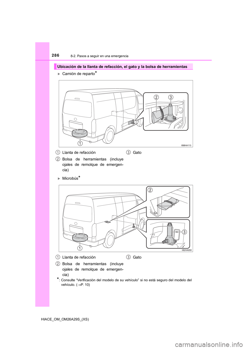 TOYOTA HILACE 2019  Manual del propietario (in Spanish) 286
HIACE_OM_OM26A29S_(XS)
8-2. Pasos a seguir en una emergencia
Camión de reparto*
Microbús*
*
: Consulte “Verificación del modelo de su vehículo” si no está s eguro del modelo del
veh
