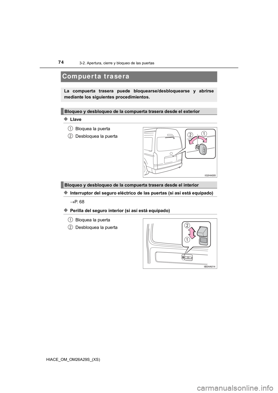 TOYOTA HILACE 2019  Manual del propietario (in Spanish) 74
HIACE_OM_OM26A29S_(XS)
3-2. Apertura, cierre y bloqueo de las puertas
Compuerta trasera
◆LlaveBloquea la puerta
Desbloquea la puerta
◆Interruptor del seguro eléctrico de las puertas (si así e