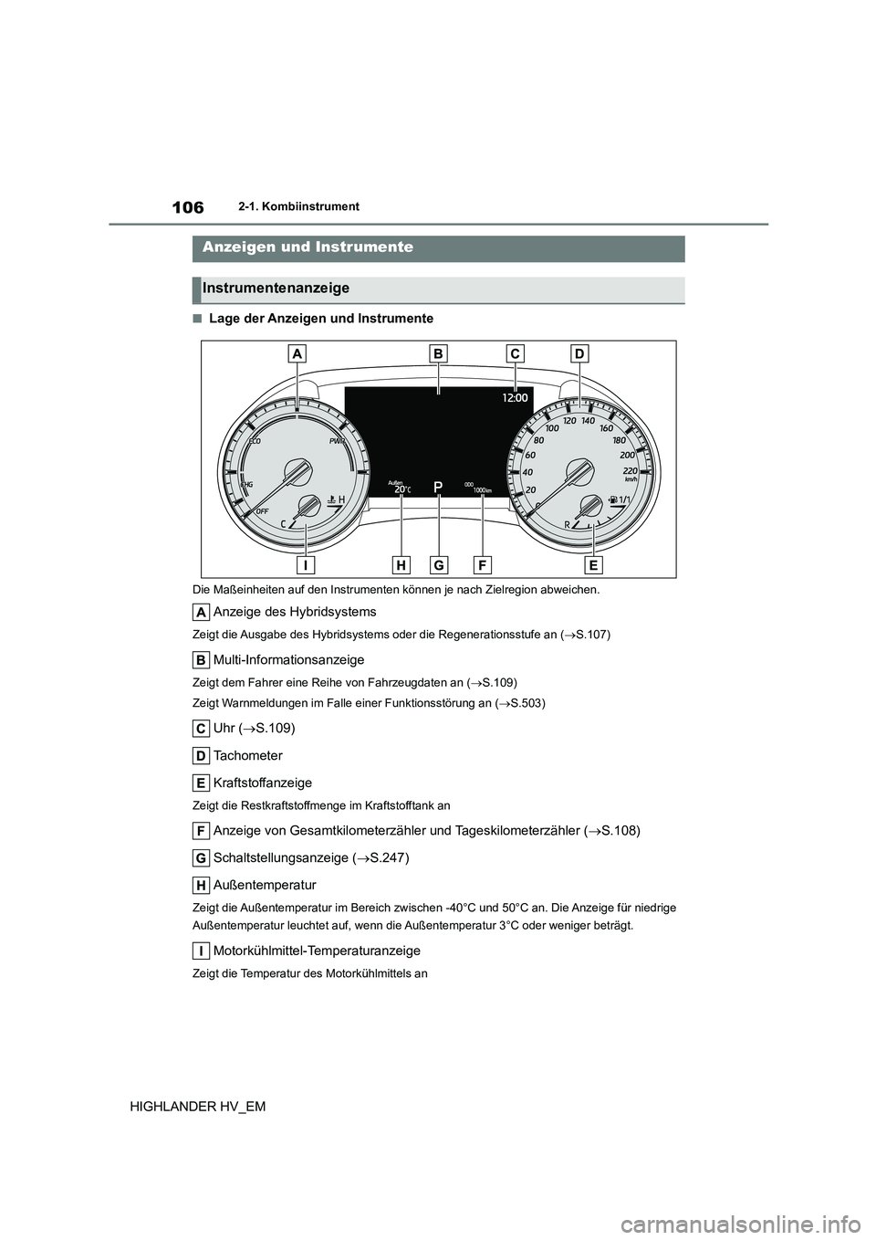 TOYOTA HIGHLANDER 2020  Betriebsanleitungen (in German) 1062-1. Kombiinstrument
HIGHLANDER HV_EM
■Lage der Anzeigen und Instrumente
Die Maßeinheiten auf den Instrumenten können je nach Zielregion abweichen.
Anzeige des Hybridsystems
Zeigt die Ausgabe d