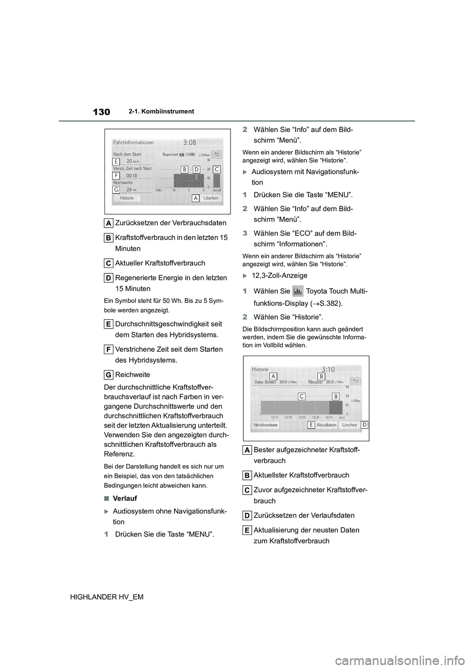 TOYOTA HIGHLANDER 2020  Betriebsanleitungen (in German) 1302-1. Kombiinstrument
HIGHLANDER HV_EM 
Zurücksetzen der Verbrauchsdaten 
Kraftstoffverbrauch in den letzten 15  
Minuten 
Aktueller Kraftstoffverbrauch 
Regenerierte Energie in den letzten  
15 Mi