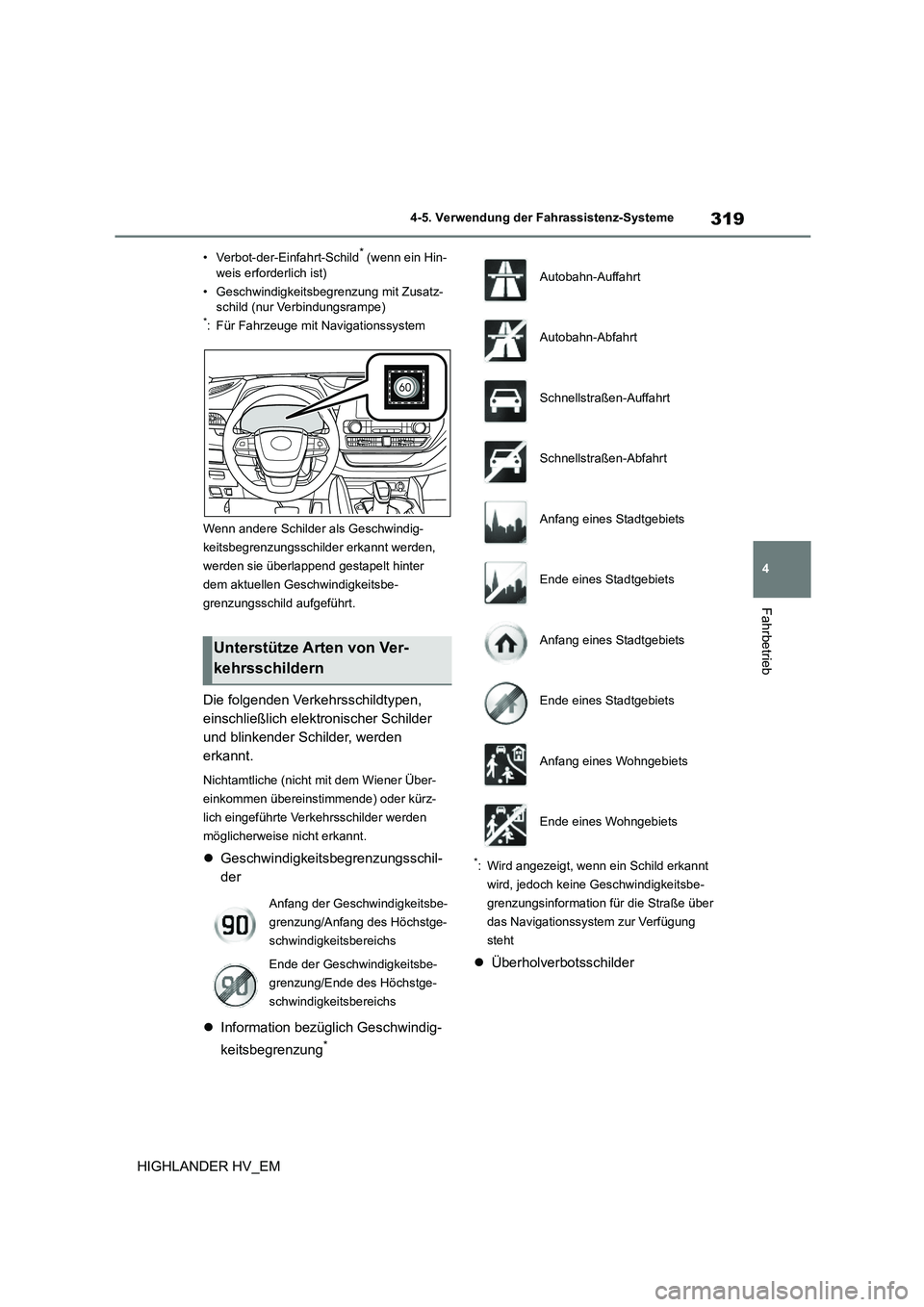 TOYOTA HIGHLANDER 2020  Betriebsanleitungen (in German) 319
4 
4-5. Verwendung der Fahrassistenz-Systeme
Fahrbetrieb
HIGHLANDER HV_EM
• Verbot-der-Einfahrt-Schild* (wenn ein Hin- 
weis erforderlich ist) 
• Geschwindigkeitsbegrenzung mit Zusatz- schild 