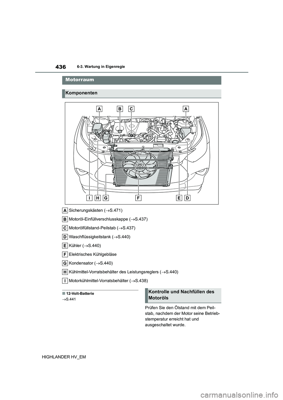 TOYOTA HIGHLANDER 2020  Betriebsanleitungen (in German) 4366-3. Wartung in Eigenregie
HIGHLANDER HV_EM 
Sicherungskästen ( S.471) 
Motoröl-Einfüllverschlusskappe ( S.437) 
Motorölfüllstand-Peilstab ( S.437) 
Waschflüssigkeitstank ( S.440)