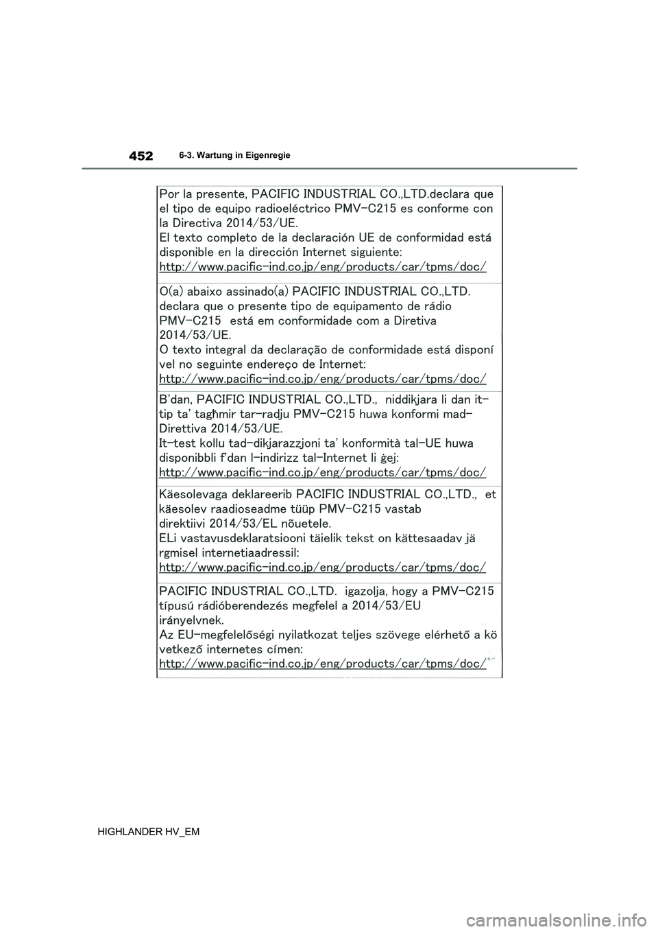 TOYOTA HIGHLANDER 2020  Betriebsanleitungen (in German) 4526-3. Wartung in Eigenregie
HIGHLANDER HV_EM 