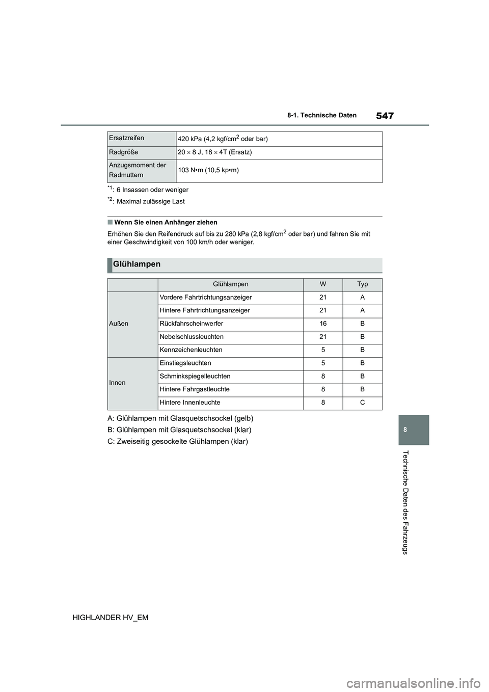 TOYOTA HIGHLANDER 2020  Betriebsanleitungen (in German) 547
8 
8-1. Technische Daten
Technische Daten des Fahrzeugs
HIGHLANDER HV_EM
*1: 6 Insassen oder weniger
*2: Maximal zulässige Last
■Wenn Sie einen Anhänger ziehen 
Erhöhen Sie den Reifendruck au