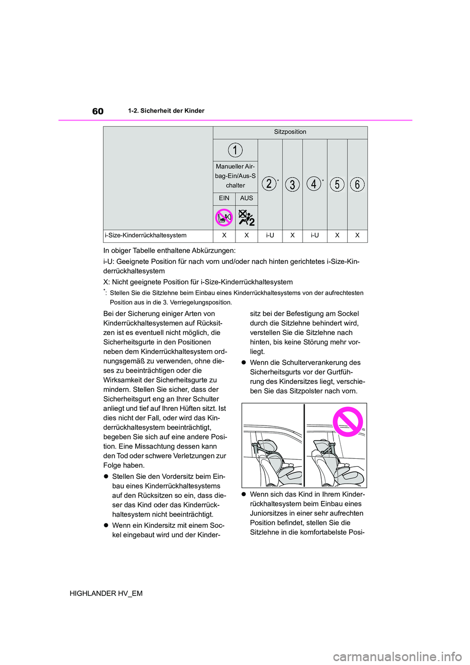 TOYOTA HIGHLANDER 2020 Betriebsanleitungen (in German) 601-2. Sicherheit der Kinder
HIGHLANDER HV_EM
In obiger Tabelle enthaltene Abkürzungen:
i-U: Geeignete Position für nach vorn und/oder nach hinten gerichtetes i-Size-Kin-
derrückhaltesystem
X: TOYOTA HIGHLANDER 2020 Betriebsanleitungen (in German) 601-2. Sicherheit der Kinder
HIGHLANDER HV_EM
In obiger Tabelle enthaltene Abkürzungen:
i-U: Geeignete Position für nach vorn und/oder nach hinten gerichtetes i-Size-Kin-
derrückhaltesystem
X: