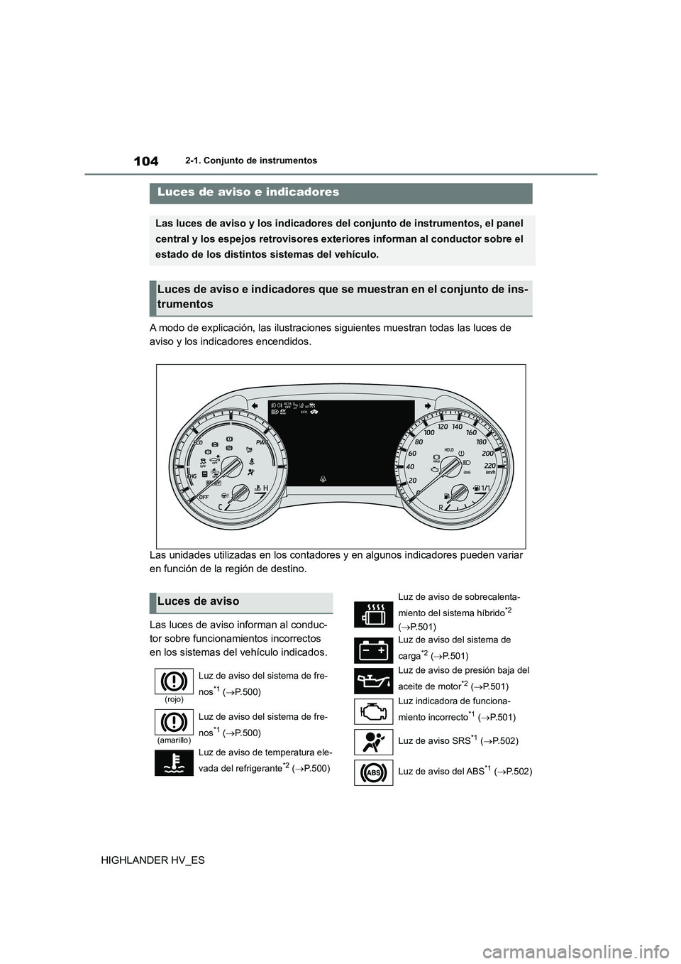 TOYOTA HIGHLANDER 2020  Manual del propietario (in Spanish) 1042-1. Conjunto de instrumentos
HIGHLANDER HV_ES
2-1.Conjunto de instrumentos
A modo de explicación, las ilustraciones siguientes muestran todas las luces de  
aviso y los indicadores encendidos. 
L