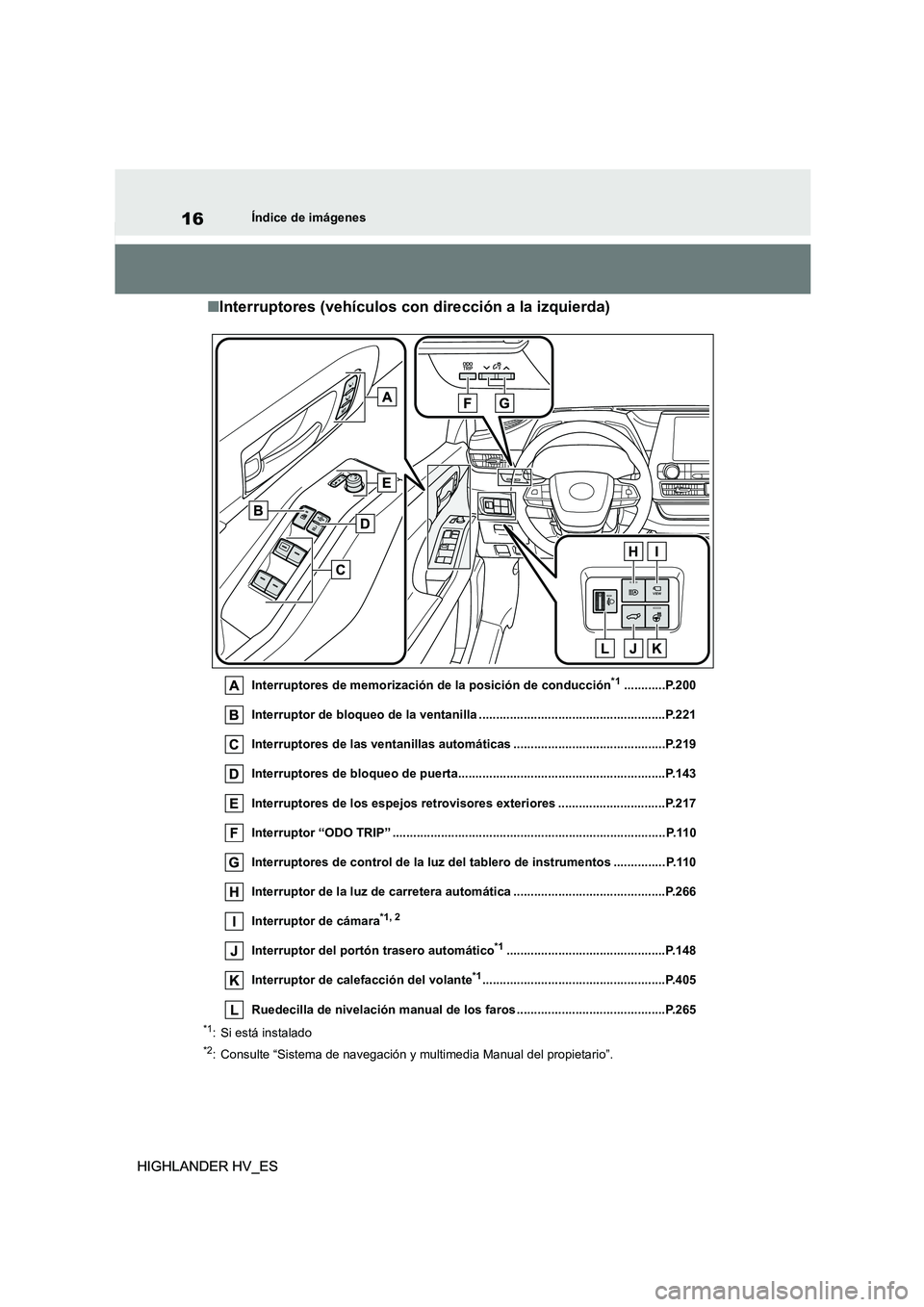 TOYOTA HIGHLANDER 2020  Manual del propietario (in Spanish) 16
HIGHLANDER HV_ES
Índice de imágenes
HIGHLANDER HV_ES
■Interruptores (vehículos con dirección a la izquierda)
Interruptores de memorización de la posición de conducción*1............P.200 

