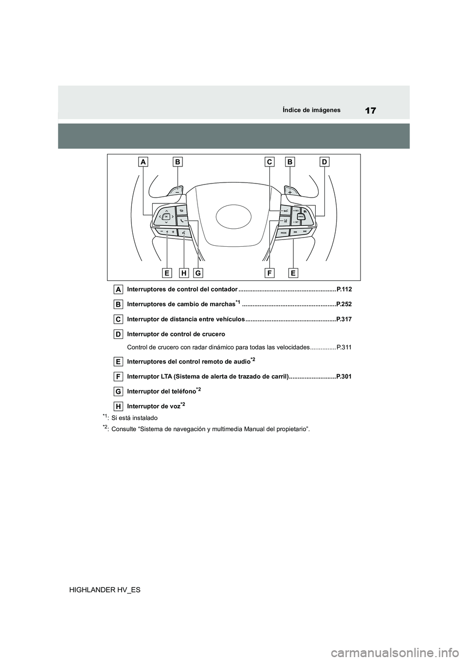 TOYOTA HIGHLANDER 2020  Manual del propietario (in Spanish) 17Índice de imágenes
HIGHLANDER HV_ES
Interruptores de control del contador ........................................................ P.112 
Interruptores de cambio de marchas*1......................
