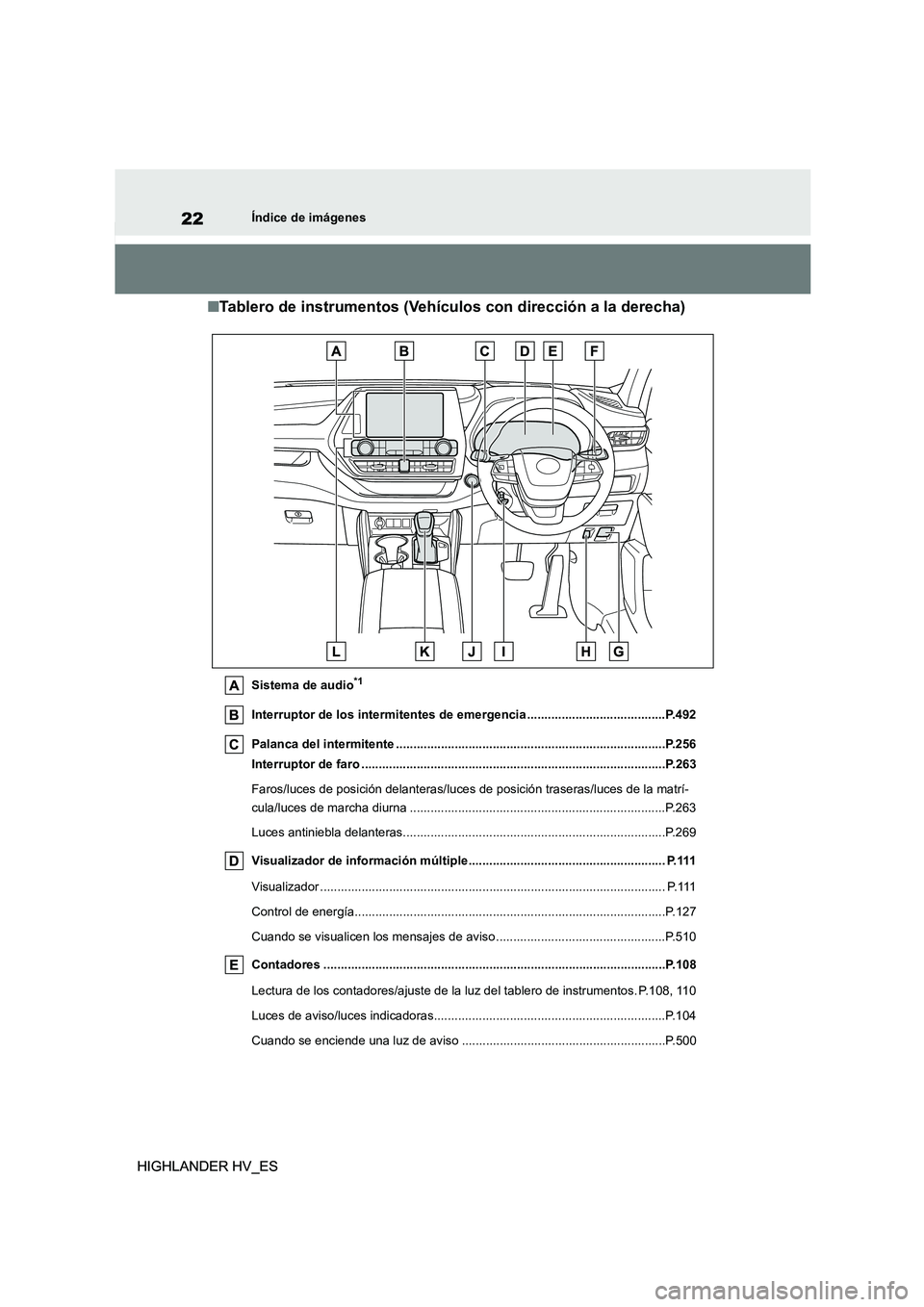 TOYOTA HIGHLANDER 2020  Manual del propietario (in Spanish) 22
HIGHLANDER HV_ES
Índice de imágenes
HIGHLANDER HV_ES
■Tablero de instrumentos (Vehículos con dirección a la derecha)
Sistema de audio*1
Interruptor de los intermitentes de emergencia ........