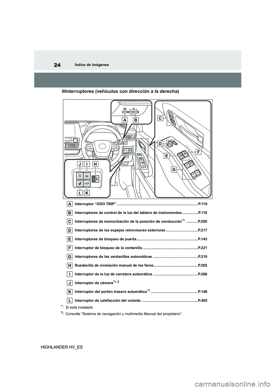 TOYOTA HIGHLANDER 2020  Manual del propietario (in Spanish) 24
HIGHLANDER HV_ES
Índice de imágenes
HIGHLANDER HV_ES
■Interruptores (vehículos con dirección a la derecha)
Interruptor “ODO TRIP” .........................................................