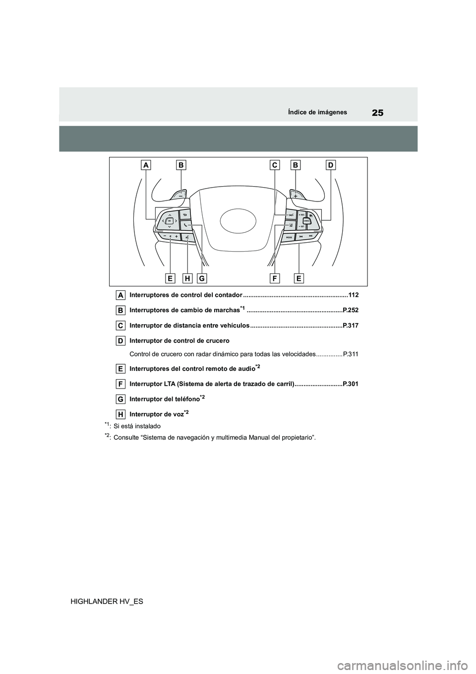 TOYOTA HIGHLANDER 2020  Manual del propietario (in Spanish) 25Índice de imágenes
HIGHLANDER HV_ES
Interruptores de control del contador ...........................................................112 
Interruptores de cambio de marchas*1......................