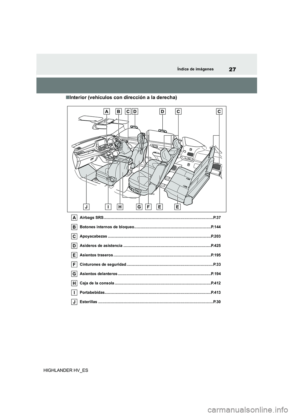TOYOTA HIGHLANDER 2020  Manual del propietario (in Spanish) 27Índice de imágenes
HIGHLANDER HV_ES
■Interior (vehículos con dirección a la derecha)
Airbags SRS................................................................................................