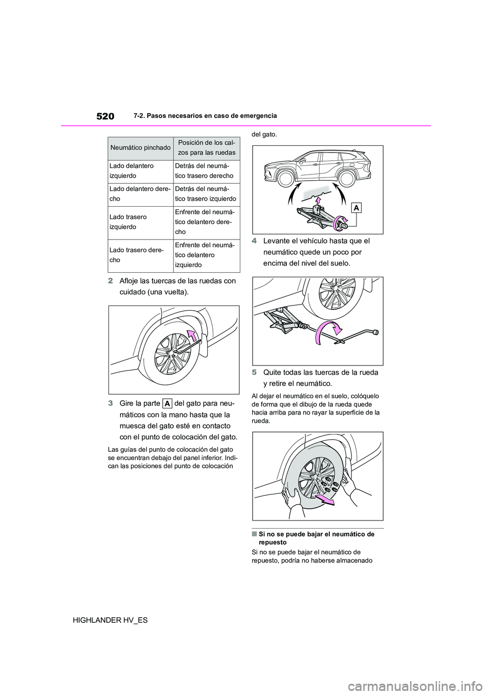 TOYOTA HIGHLANDER 2020  Manual del propietario (in Spanish) 5207-2. Pasos necesarios en caso de emergencia
HIGHLANDER HV_ES 
2 Afloje las tuercas de las ruedas con  
cuidado (una vuelta). 
3 Gire la parte   del gato para neu- 
máticos con la mano hasta que la