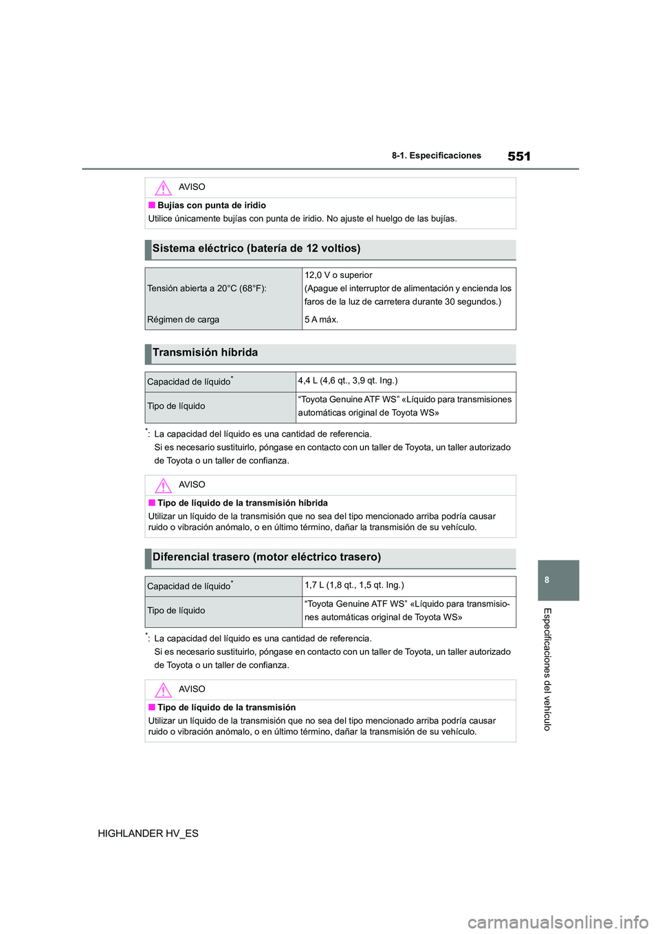 TOYOTA HIGHLANDER 2020  Manual del propietario (in Spanish) 551
8 
8-1. Especificaciones
Especificaciones del vehículo
HIGHLANDER HV_ES
*: La capacidad del líquido es  una cantidad de referencia. 
Si es necesario sustituirlo,  póngase en contacto con un tal