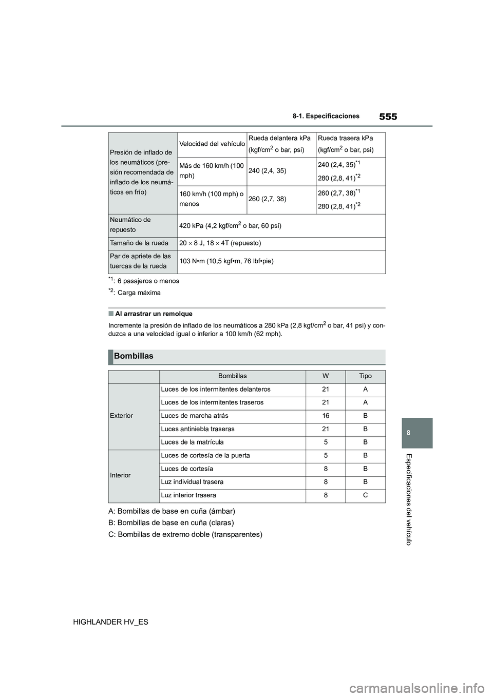 TOYOTA HIGHLANDER 2020  Manual del propietario (in Spanish) 555
8 
8-1. Especificaciones
Especificaciones del vehículo
HIGHLANDER HV_ES
*1: 6 pasajeros o menos
*2: Carga máxima
■Al arrastrar un remolque 
Incremente la presión de inflado de los neumáticos