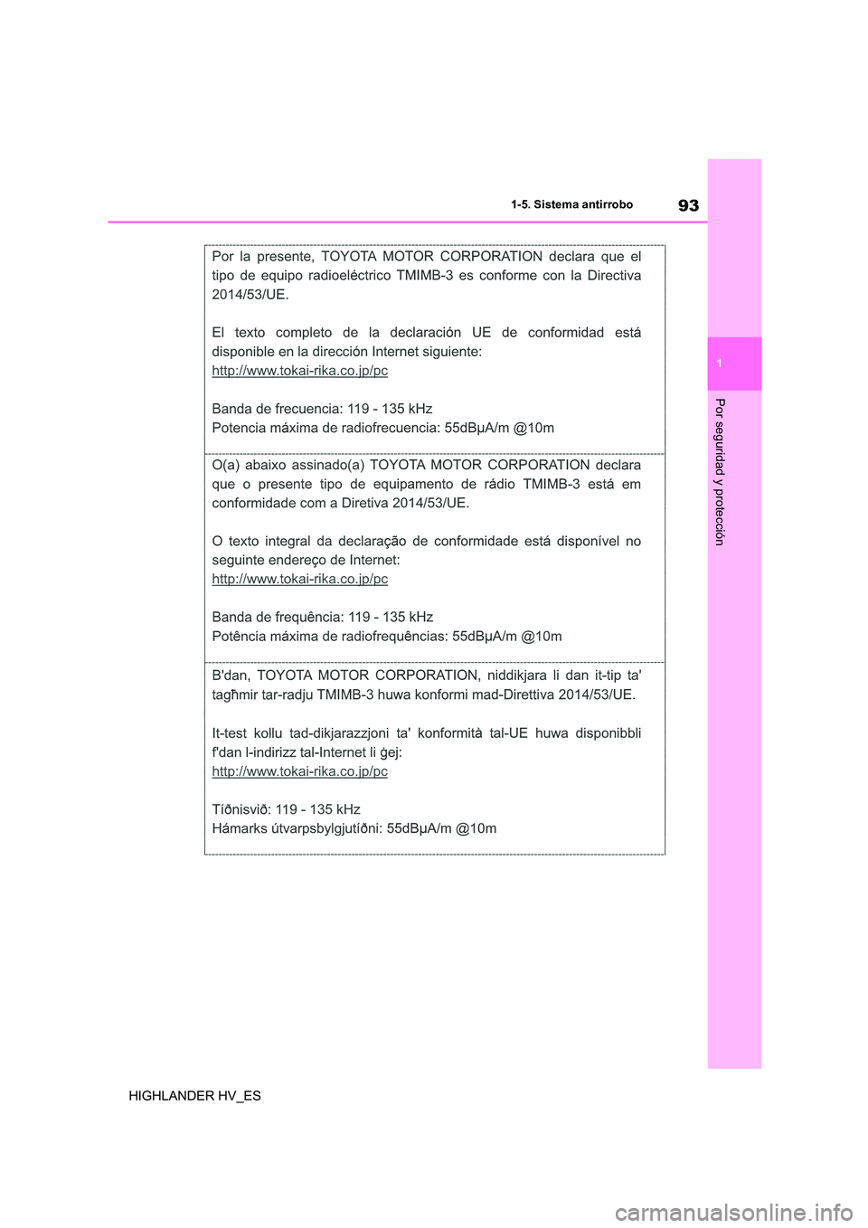 TOYOTA HIGHLANDER 2020  Manual del propietario (in Spanish) 93
1 
1-5. Sistema antirrobo
Por seguridad y protección
HIGHLANDER HV_ES 