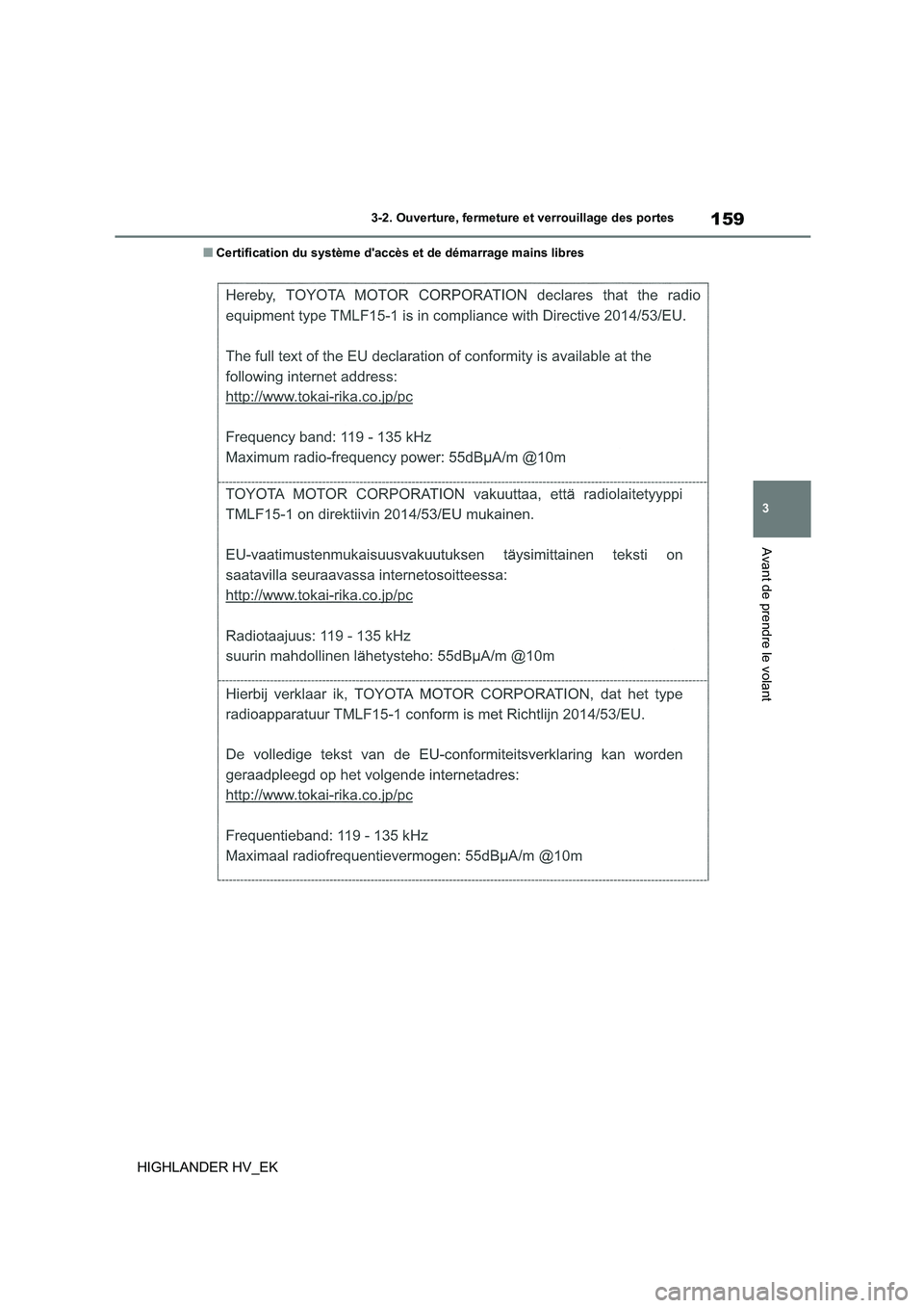 TOYOTA HIGHLANDER 2020  Manuel du propriétaire (in French) 159
3 
3-2. Ouverture, fermeture  et verrouillage des portes
Avant de prendre le volant
HIGHLANDER HV_EK
■Certification du système daccès et de démarrage mains libres 