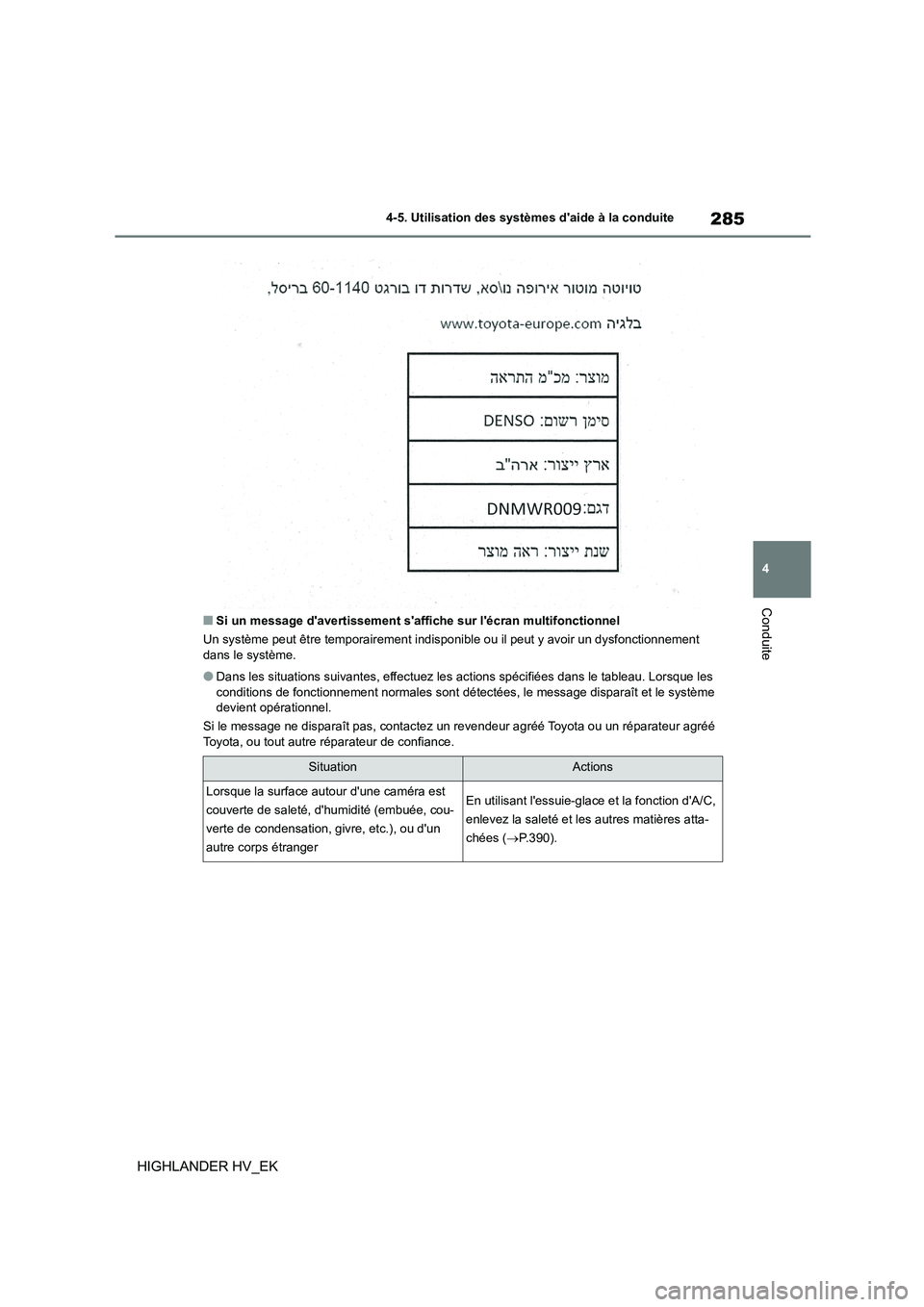 TOYOTA HIGHLANDER 2020  Manuel du propriétaire (in French) 285
4 
4-5. Utilisation des systèmes daide à la conduite
Conduite
HIGHLANDER HV_EK
■Si un message davertissement saffiche sur lécran multifonctionnel 
Un système peut être temporairement in