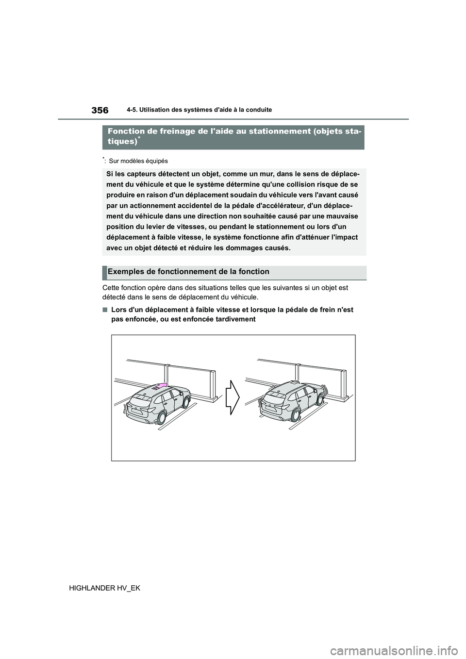 TOYOTA HIGHLANDER 2020 Manuel du propriétaire (in French) 3564-5. Utilisation des systèmes daide à la conduite
HIGHLANDER HV_EK
*: Sur modèles équipés
Cette fonction opère dans des situations telles que les suivantes si un objet est
détecté dans l TOYOTA HIGHLANDER 2020 Manuel du propriétaire (in French) 3564-5. Utilisation des systèmes daide à la conduite
HIGHLANDER HV_EK
*: Sur modèles équipés
Cette fonction opère dans des situations telles que les suivantes si un objet est
détecté dans l