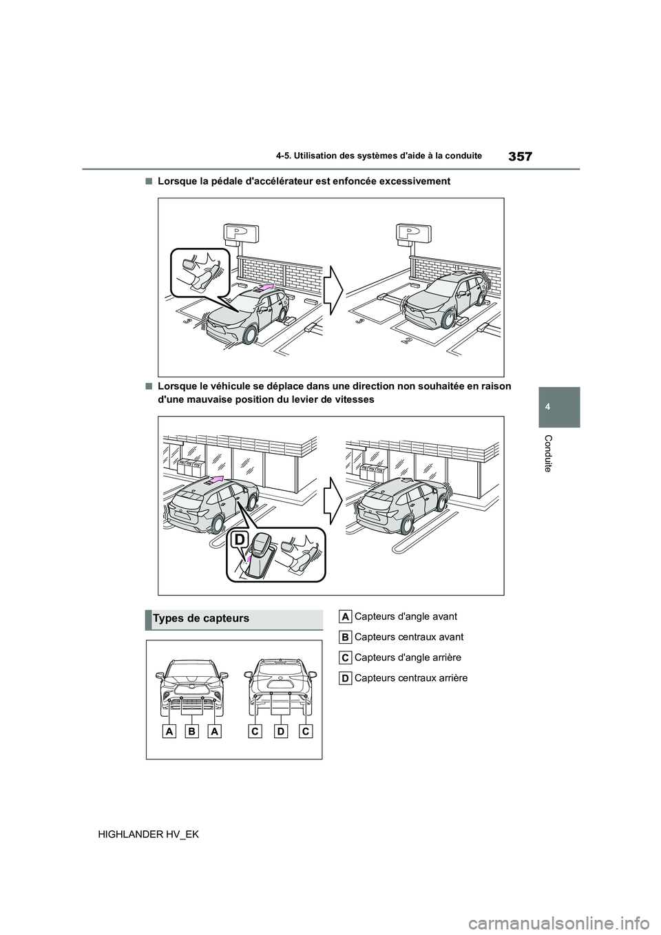 TOYOTA HIGHLANDER 2020  Manuel du propriétaire (in French) 357
4 
4-5. Utilisation des systèmes daide à la conduite
Conduite
HIGHLANDER HV_EK
■Lorsque la pédale daccélérateur est enfoncée excessivement
■Lorsque le véhicule se déplace dans une di