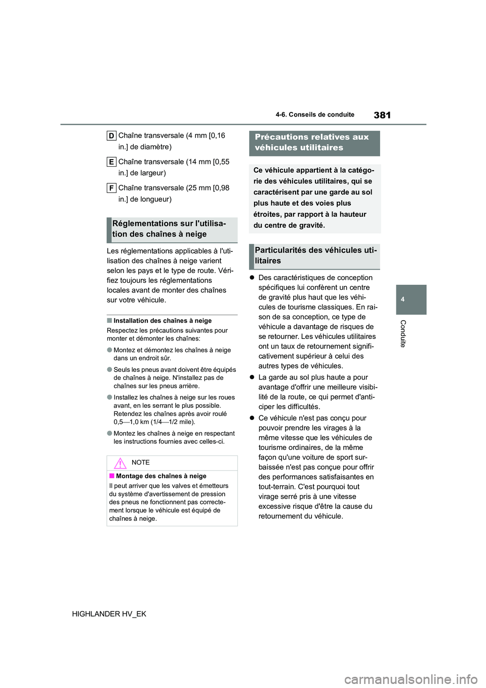 TOYOTA HIGHLANDER 2020  Manuel du propriétaire (in French) 381
4 
4-6. Conseils de conduite
Conduite
HIGHLANDER HV_EK 
Chaîne transversale (4 mm [0,16  
in.] de diamètre) 
Chaîne transversale (14 mm [0,55  
in.] de largeur) 
Chaîne transversale (25 mm [0,