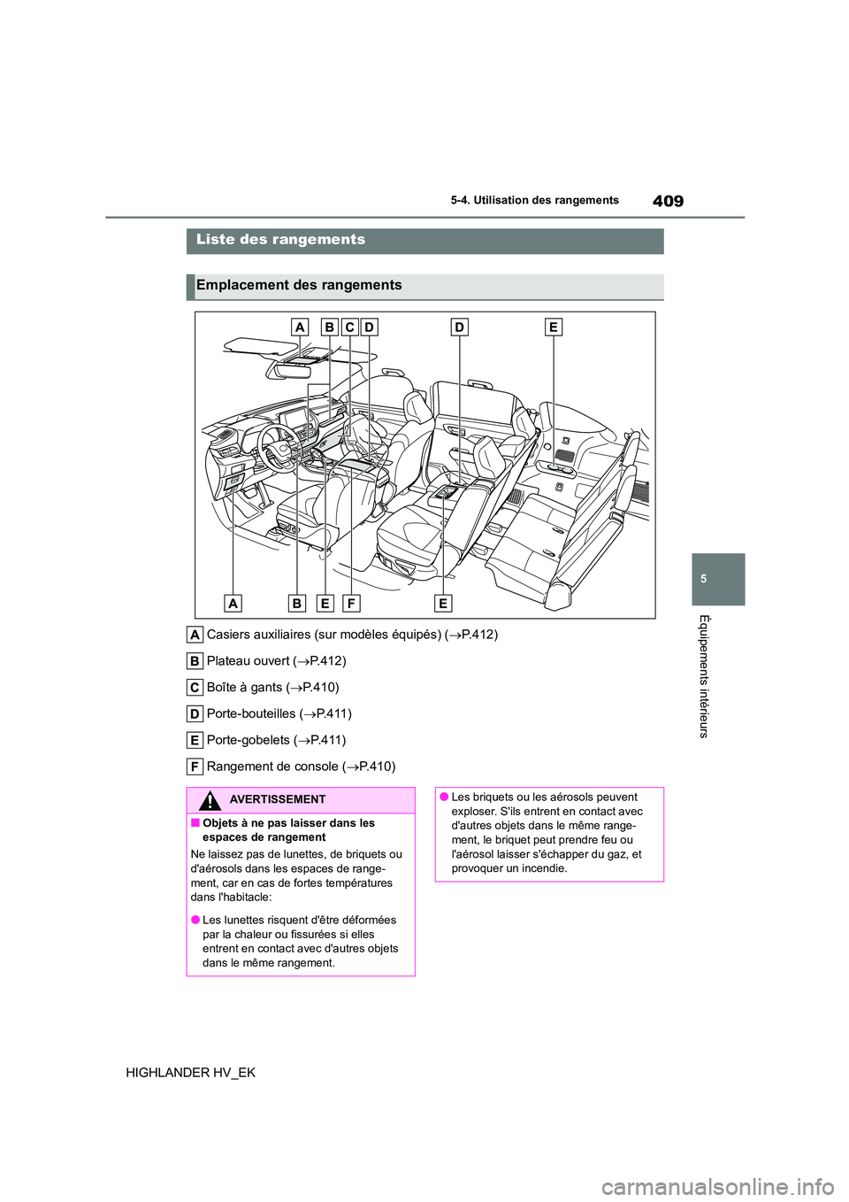 TOYOTA HIGHLANDER 2020  Manuel du propriétaire (in French) 409
5 
5-4. Utilisation des rangements
Équipements intérieurs
HIGHLANDER HV_EK
5-4.Utilisation des rangements
Casiers auxiliaires (sur modèles équipés) ( P.412) 
Plateau ouvert ( P.412) 
Bo