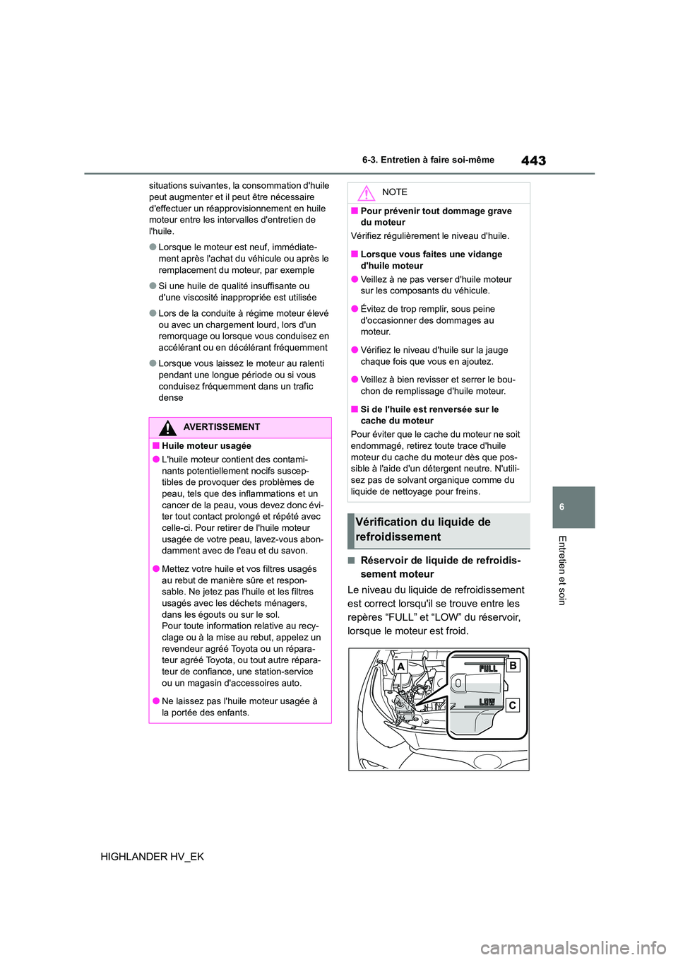 TOYOTA HIGHLANDER 2020 Manuel du propriétaire (in French) 443
6
6-3. Entretien à faire soi-même
Entretien et soin
HIGHLANDER HV_EK
situations suivantes, la consommation dhuile peut augmenter et il peut être nécessaire
deffectuer un réapprovisionn TOYOTA HIGHLANDER 2020 Manuel du propriétaire (in French) 443
6
6-3. Entretien à faire soi-même
Entretien et soin
HIGHLANDER HV_EK
situations suivantes, la consommation dhuile peut augmenter et il peut être nécessaire
deffectuer un réapprovisionn