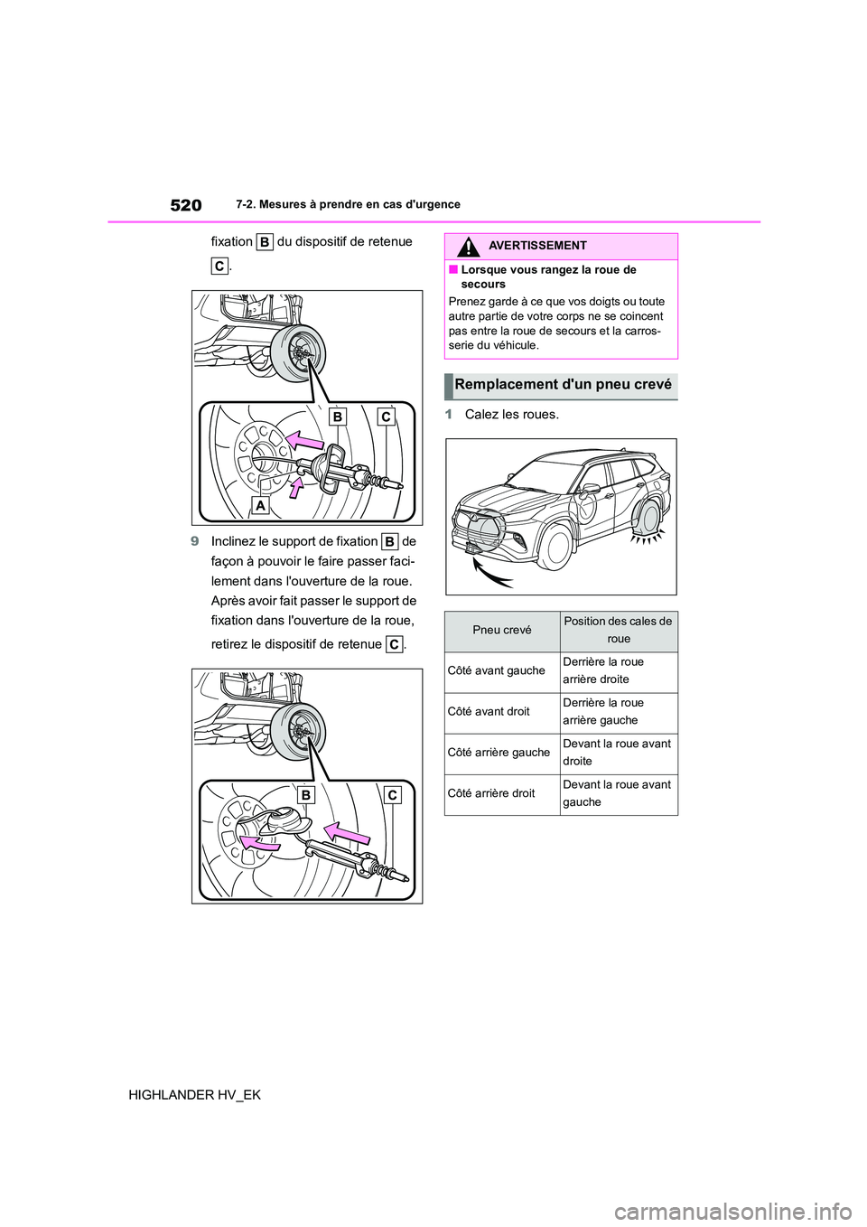TOYOTA HIGHLANDER 2020  Manuel du propriétaire (in French) 5207-2. Mesures à prendre en cas durgence
HIGHLANDER HV_EK 
fixation   du dispositif de retenue  
. 
9 Inclinez le support de fixation   de  
façon à pouvoir le faire passer faci- 
lement dans lo