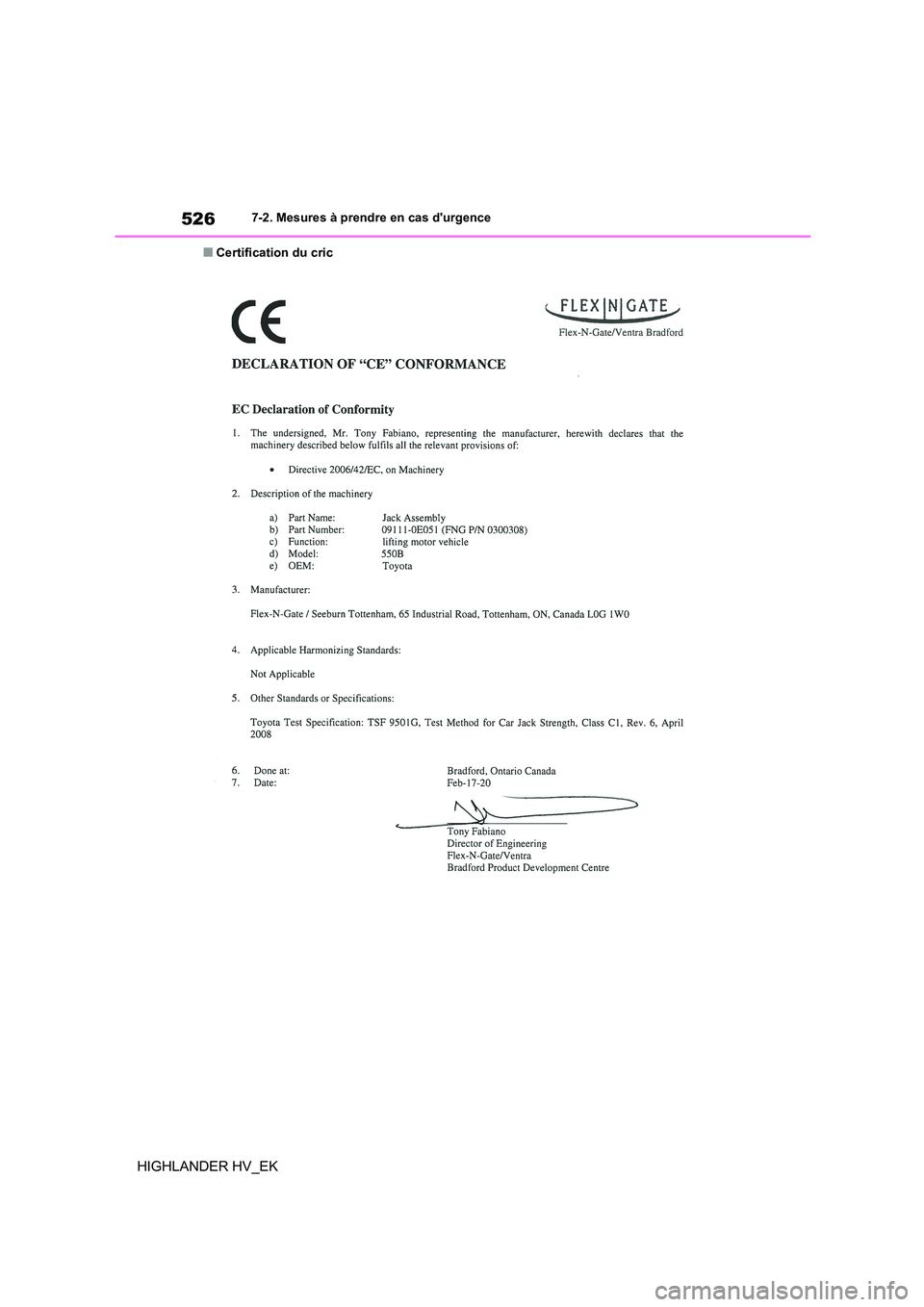 TOYOTA HIGHLANDER 2020  Manuel du propriétaire (in French) 5267-2. Mesures à prendre en cas durgence
HIGHLANDER HV_EK
■Certification du cric 