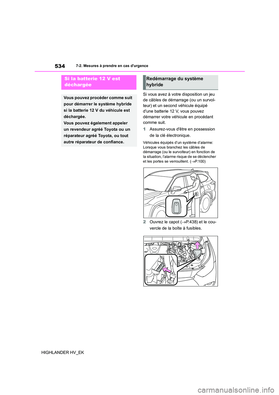 TOYOTA HIGHLANDER 2020  Manuel du propriétaire (in French) 5347-2. Mesures à prendre en cas durgence
HIGHLANDER HV_EK 
Si vous avez à votre disposition un jeu  
de câbles de démarrage (ou un survol-
teur) et un second véhicule équipé 
dune batterie 1