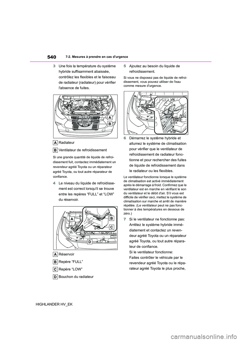 TOYOTA HIGHLANDER 2020 Manuel du propriétaire (in French) 5407-2. Mesures à prendre en cas durgence
HIGHLANDER HV_EK
3 Une fois la température du système
hybride suffisamment abaissée,
contrôlez les flexibles et le faisceau
de radiateur (radiateur TOYOTA HIGHLANDER 2020 Manuel du propriétaire (in French) 5407-2. Mesures à prendre en cas durgence
HIGHLANDER HV_EK
3 Une fois la température du système
hybride suffisamment abaissée,
contrôlez les flexibles et le faisceau
de radiateur (radiateur