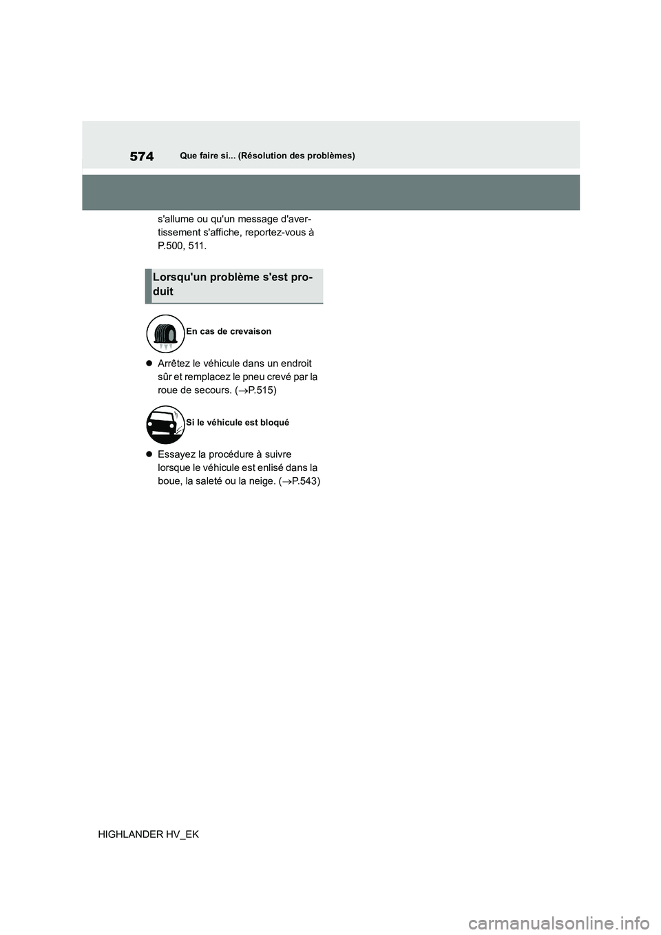 TOYOTA HIGHLANDER 2020  Manuel du propriétaire (in French) 574Que faire si... (Résolution des problèmes)
HIGHLANDER HV_EK 
sallume ou quun message daver- 
tissement saffiche, reportez-vous à 
P.500, 511. 
 Arrêtez le véhicule dans un endroit  
sû