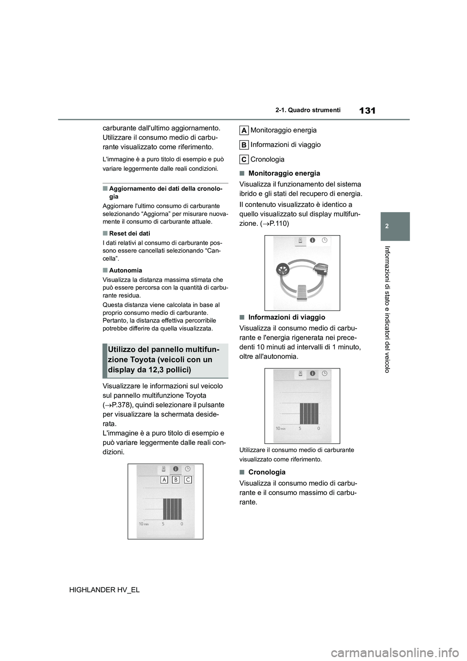 TOYOTA HIGHLANDER 2020 Manuale duso (in Italian) 131
2
2-1. Quadro strumenti
Informazioni di stato e indicatori del veicolo
HIGHLANDER HV_EL
carburante dallultimo aggiornamento.
Utilizzare il consumo medio di carbu-
rante visualizzato come rife TOYOTA HIGHLANDER 2020 Manuale duso (in Italian) 131
2
2-1. Quadro strumenti
Informazioni di stato e indicatori del veicolo
HIGHLANDER HV_EL
carburante dallultimo aggiornamento.
Utilizzare il consumo medio di carbu-
rante visualizzato come rife