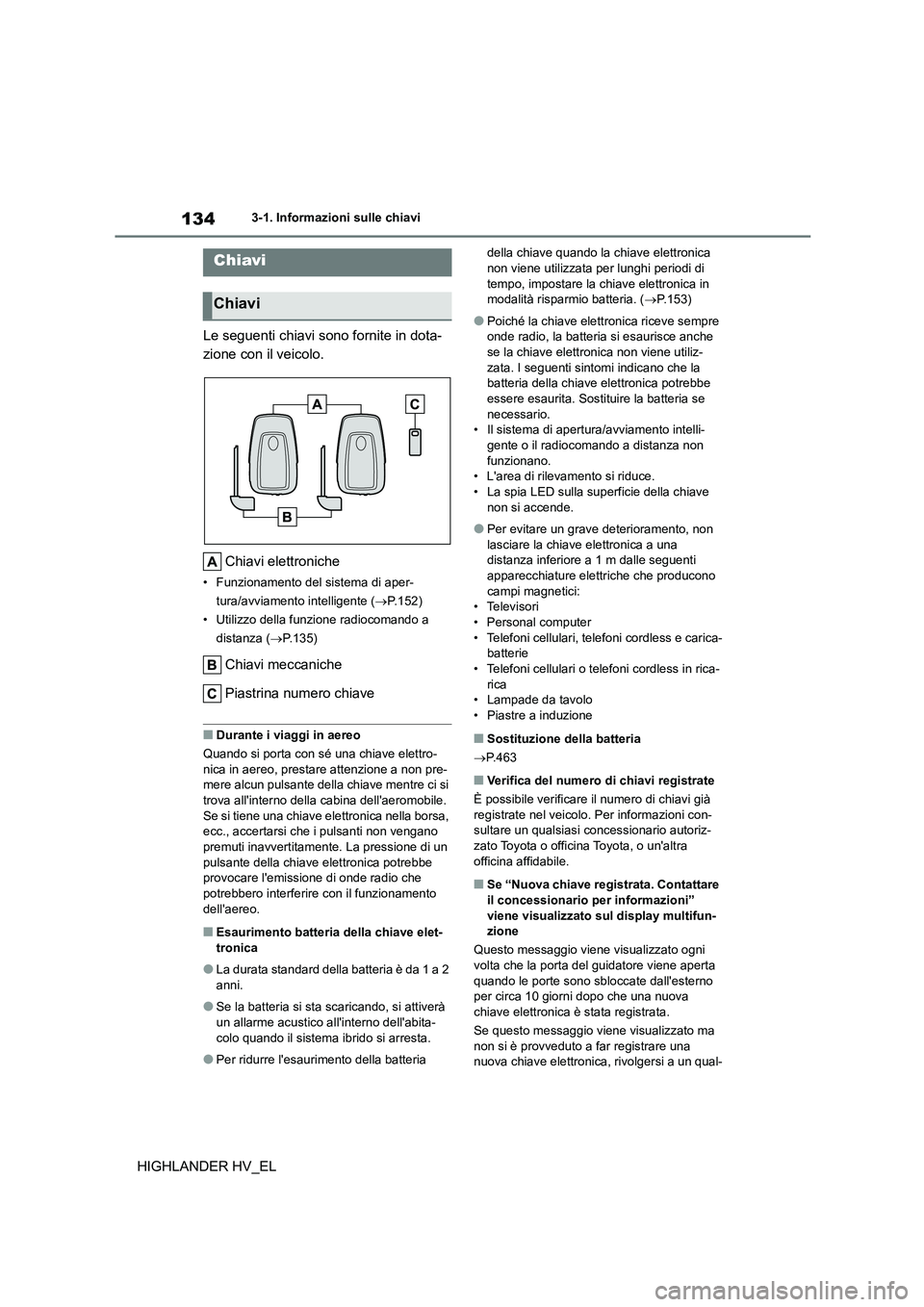 TOYOTA HIGHLANDER 2020 Manuale duso (in Italian) 1343-1. Informazioni sulle chiavi
HIGHLANDER HV_EL
3-1.Informazioni sulle chiavi
Le seguenti chiavi sono fornite in dota-
zione con il veicolo.
Chiavi elettroniche
• Funzionamento del sistema di a TOYOTA HIGHLANDER 2020 Manuale duso (in Italian) 1343-1. Informazioni sulle chiavi
HIGHLANDER HV_EL
3-1.Informazioni sulle chiavi
Le seguenti chiavi sono fornite in dota-
zione con il veicolo.
Chiavi elettroniche
• Funzionamento del sistema di a