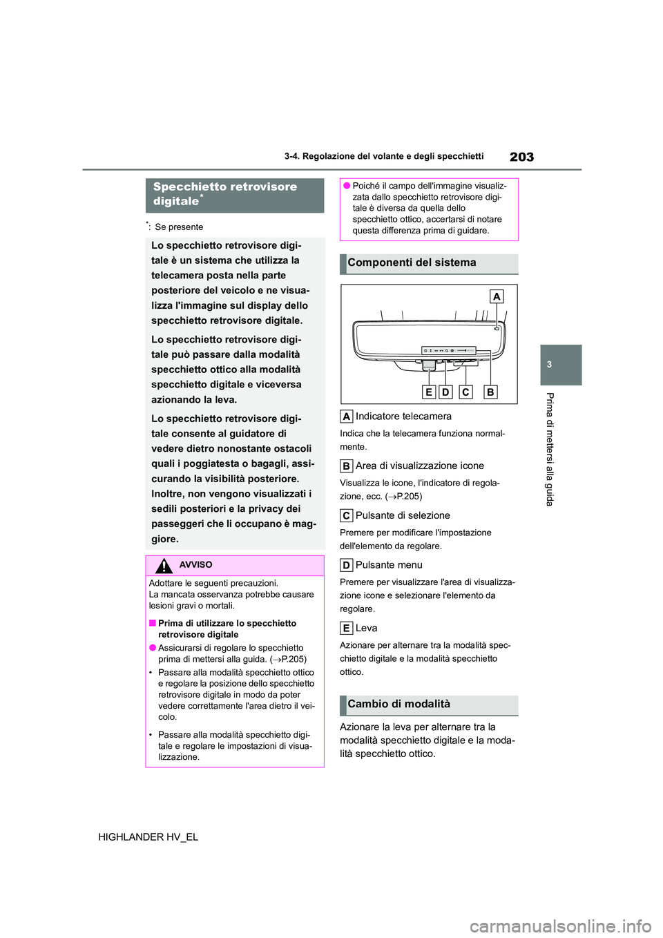TOYOTA HIGHLANDER 2020 Manuale duso (in Italian) 203
3
3-4. Regolazione del volante e degli specchietti
Prima di mettersi alla guida
HIGHLANDER HV_EL
*: Se presente
Indicatore telecamera
Indica che la telecamera funziona normal-
mente.
Area di vis TOYOTA HIGHLANDER 2020 Manuale duso (in Italian) 203
3
3-4. Regolazione del volante e degli specchietti
Prima di mettersi alla guida
HIGHLANDER HV_EL
*: Se presente
Indicatore telecamera
Indica che la telecamera funziona normal-
mente.
Area di vis
