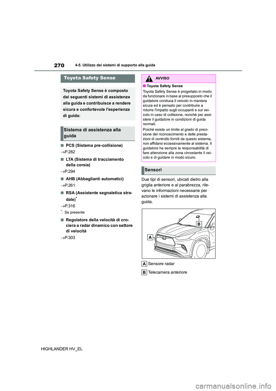 TOYOTA HIGHLANDER 2020 Manuale duso (in Italian) 2704-5. Utilizzo dei sistemi di supporto alla guida
HIGHLANDER HV_EL
4-5.Utilizzo dei sistemi di supporto alla guida
■PCS (Sistema pre-collisione)
P.282
■LTA (Sistema di tracciamento
della TOYOTA HIGHLANDER 2020 Manuale duso (in Italian) 2704-5. Utilizzo dei sistemi di supporto alla guida
HIGHLANDER HV_EL
4-5.Utilizzo dei sistemi di supporto alla guida
■PCS (Sistema pre-collisione)
P.282
■LTA (Sistema di tracciamento
della
