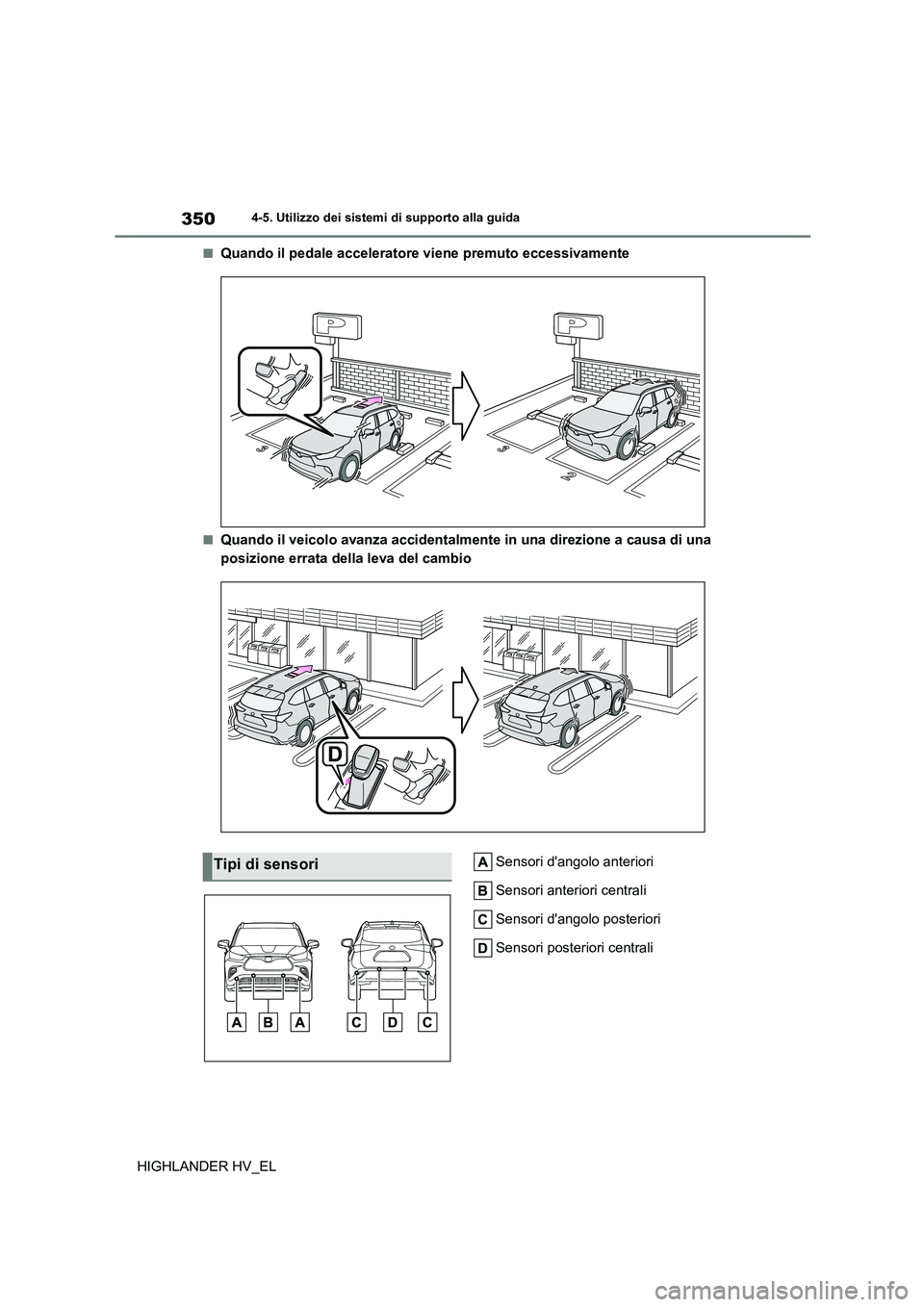 TOYOTA HIGHLANDER 2020  Manuale duso (in Italian) 3504-5. Utilizzo dei sistemi di supporto alla guida
HIGHLANDER HV_EL
■Quando il pedale acceleratore viene premuto eccessivamente
■Quando il veicolo avanza accidentalmente in una direzione a causa 