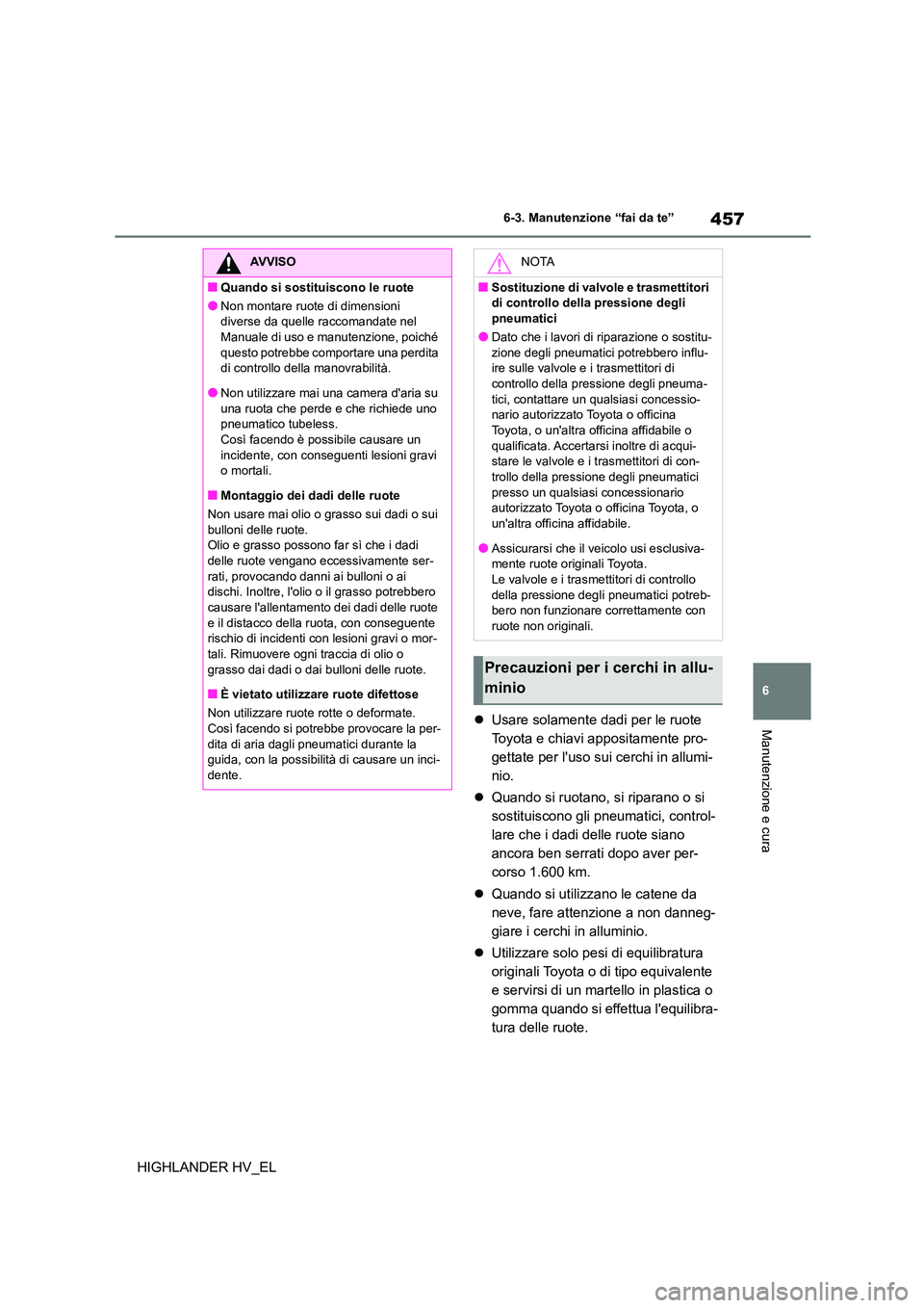 TOYOTA HIGHLANDER 2020 Manuale duso (in Italian) 457
6
6-3. Manutenzione “fai da te”
Manutenzione e cura
HIGHLANDER HV_EL
Usare solamente dadi per le ruote
Toyota e chiavi appositamente pro-
gettate per luso sui cerchi in allumi-
nio.
TOYOTA HIGHLANDER 2020 Manuale duso (in Italian) 457
6
6-3. Manutenzione “fai da te”
Manutenzione e cura
HIGHLANDER HV_EL
Usare solamente dadi per le ruote
Toyota e chiavi appositamente pro-
gettate per luso sui cerchi in allumi-
nio.