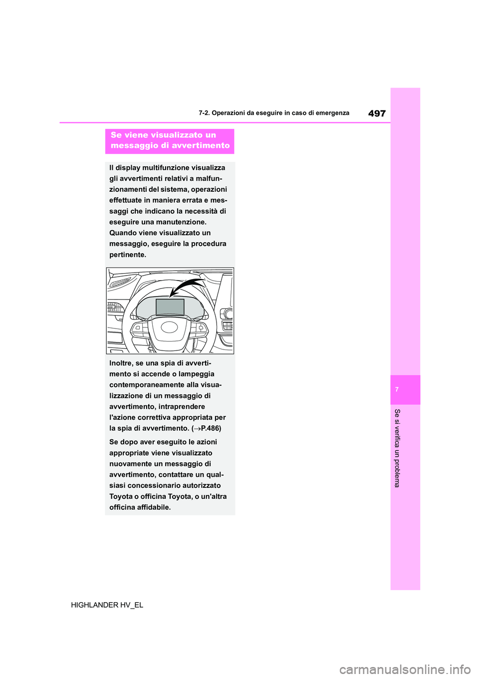 TOYOTA HIGHLANDER 2020  Manuale duso (in Italian) 497
7 
7-2. Operazioni da eseguire in caso di emergenza
Se si verifica un problema
HIGHLANDER HV_EL
Se viene visualizzato un  
messaggio di avvertimento
Il display multifunzione visualizza  
gli avver