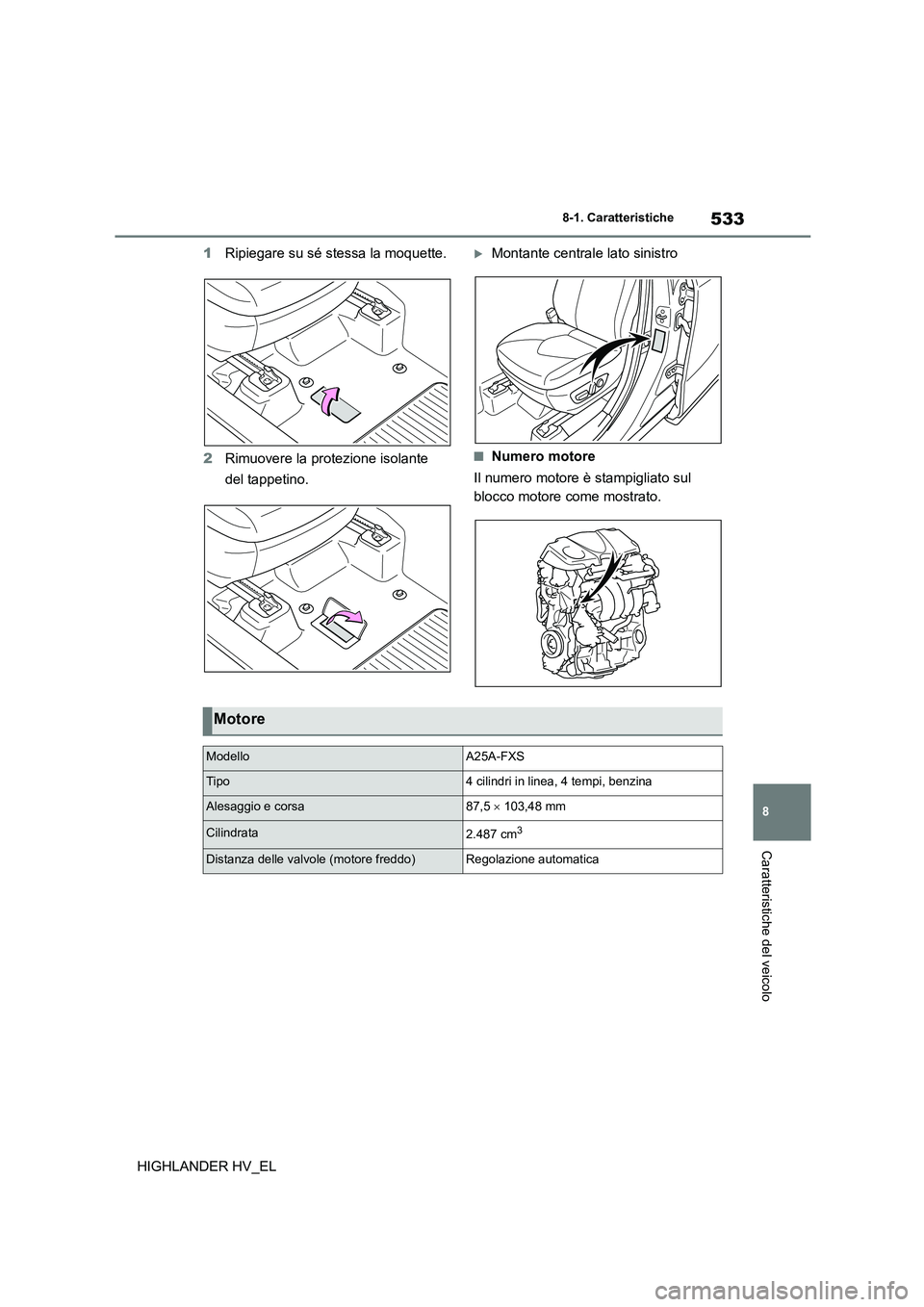 TOYOTA HIGHLANDER 2020  Manuale duso (in Italian) 533
8 
8-1. Caratteristiche
Caratteristiche del veicolo
HIGHLANDER HV_EL 
1 Ripiegare su sé stessa la moquette. 
2 Rimuovere la protezione isolante  
del tappetino.
Montante centrale lato sinistro