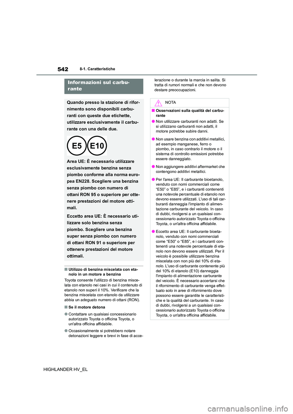 TOYOTA HIGHLANDER 2020  Manuale duso (in Italian) 5428-1. Caratteristiche
HIGHLANDER HV_EL
■Utilizzo di benzina miscelata con eta- nolo in un mo tore a benzina 
Toyota consente lutil izzo di benzina misce- 
lata con etanolo nei casi in cui il cont