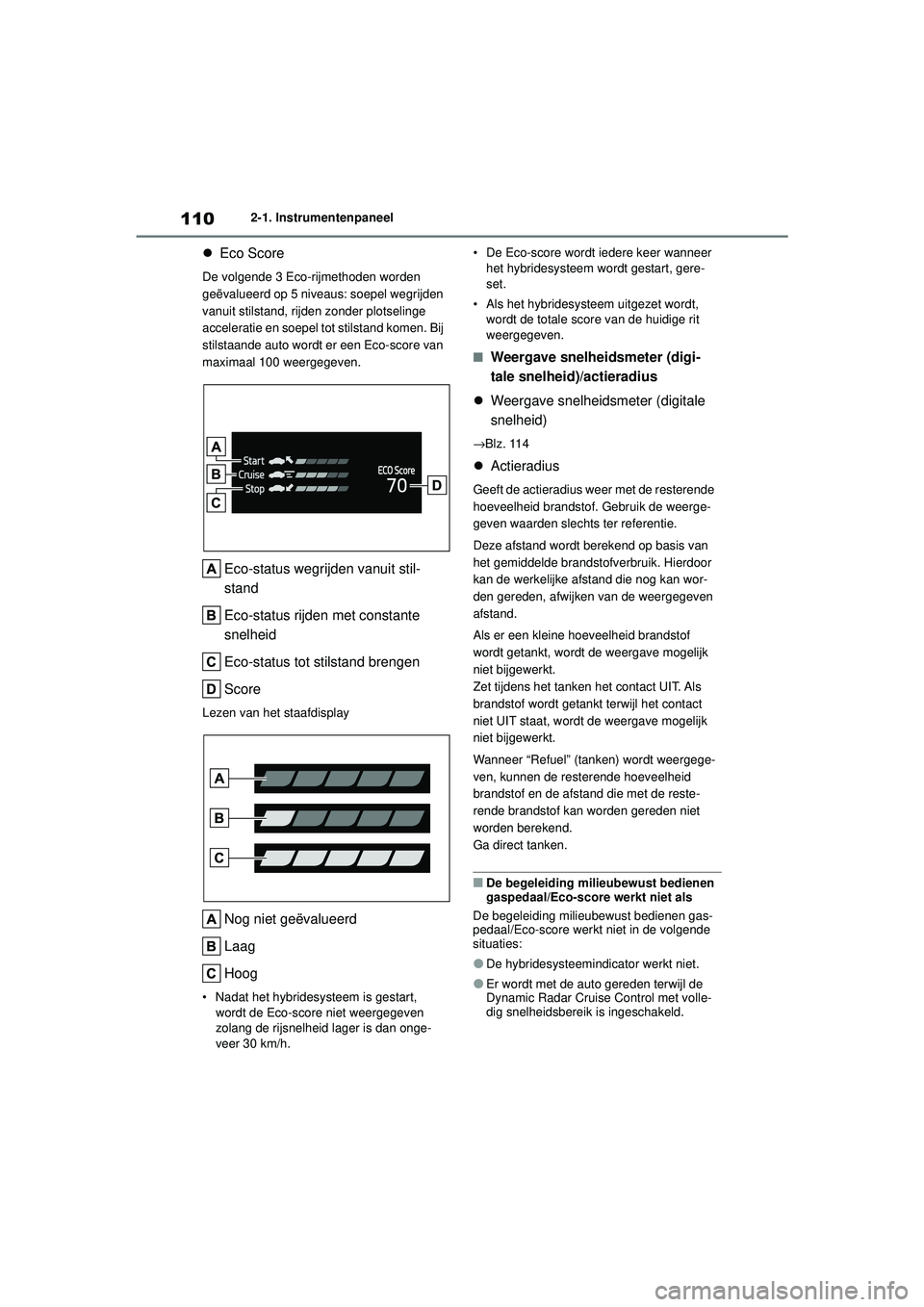 TOYOTA HIGHLANDER 2020  Instructieboekje (in Dutch) 1102-1. Instrumentenpaneel
HIGHLANDER HV_EE
 Eco Score
De volgende 3 Eco-rijmethoden worden 
geëvalueerd op 5 niveaus: soepel wegrijden 
vanuit stilstand, rijden zonder plotselinge 
acceleratie en