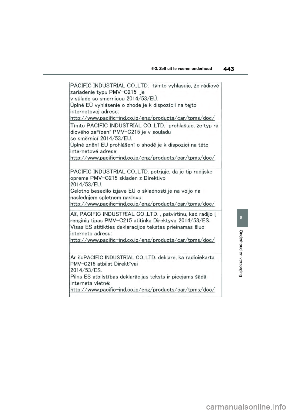 TOYOTA HIGHLANDER 2020  Instructieboekje (in Dutch) 443
6
6-3. Zelf uit te voeren onderhoud
Onderhoud en verzorging
HIGHLANDER HV_EE
HIGHLANDER-HYBRID_OM_Europe_OM48G42E.book  Page 
443  Thursday, September 3, 2020  8:42 AM 